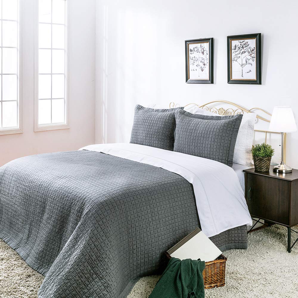 ELEGANT LIFE HOME Cotton Yarn Dyed Chambray Collection Cotton Fill - Lightweight Square Detailed Stitching Bedding Quilt, Oversized King Gray Color, 108" x 92"