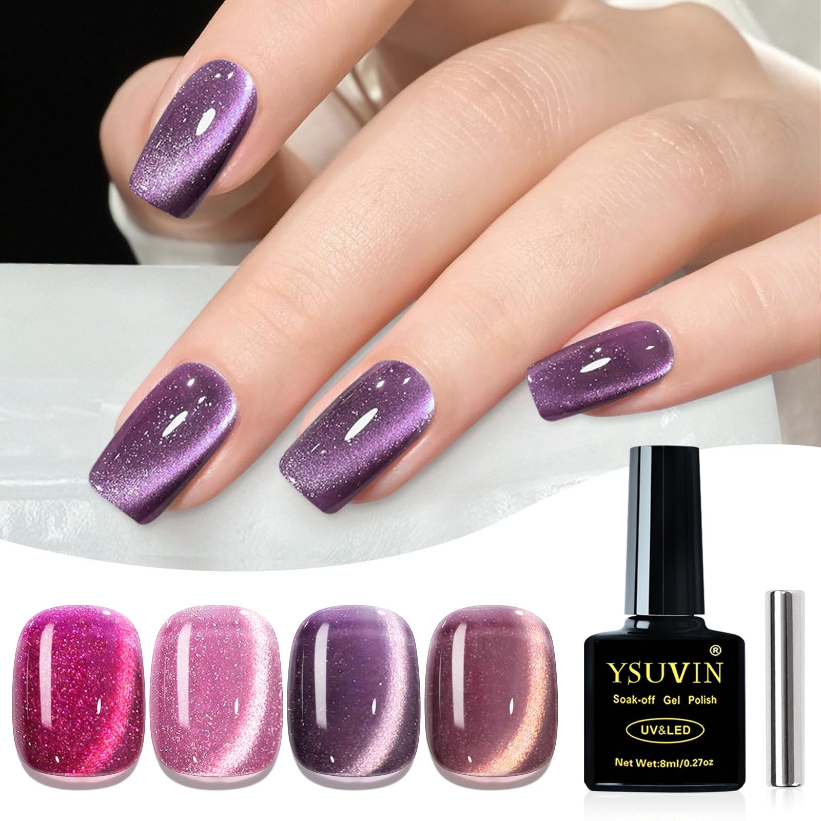 Yueshop Cat Eye Gel Nail Polish,4 Colors Fuchsia Pink Purple Brown