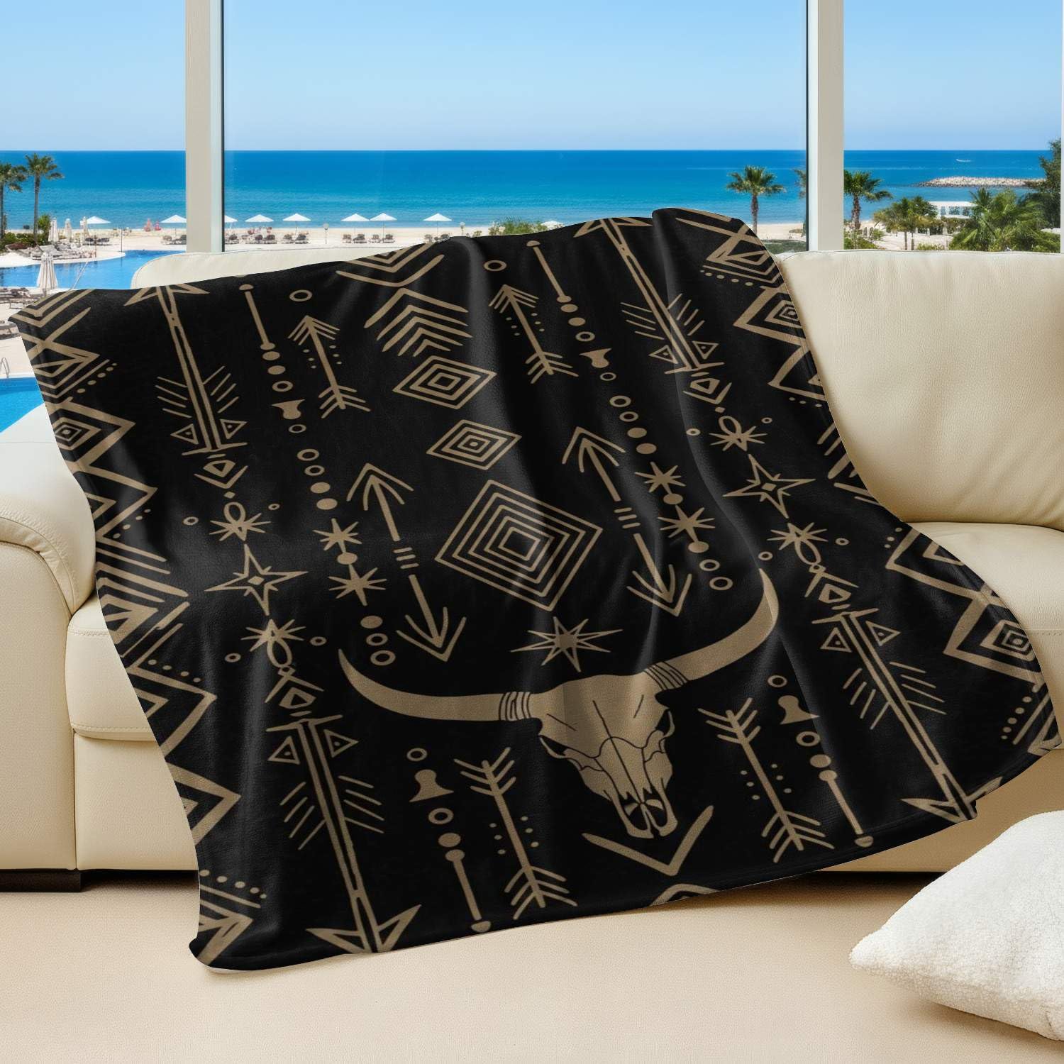 Couverture flanelle 180x200cm crâne de buffle bohème pour lit