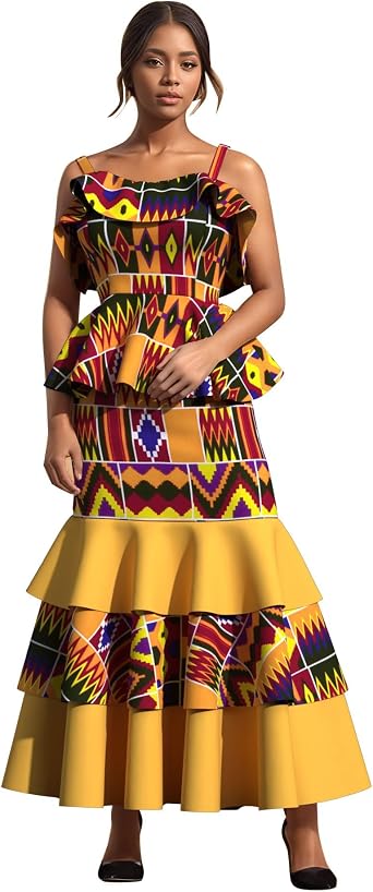 ABCWAX Fashion Multilayer Draped Print Top & Skirt Sets African Wax Dresses for Women 2 Pieces Skirts Sets