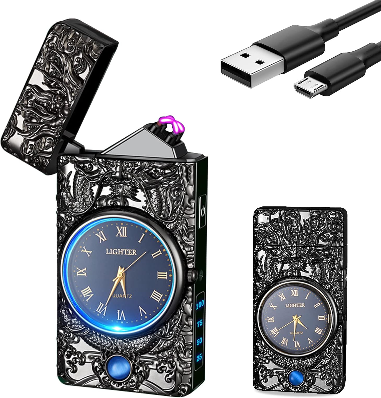 YOZWOO Clock Lighter Plasma Arc Lighter Electric Lighter Rechargeable USB Lighter Windproof Flameless Lighter Dragon Cool Lighter with LED Lighting Candle Lighter Gift for Boys and Girls(Black)