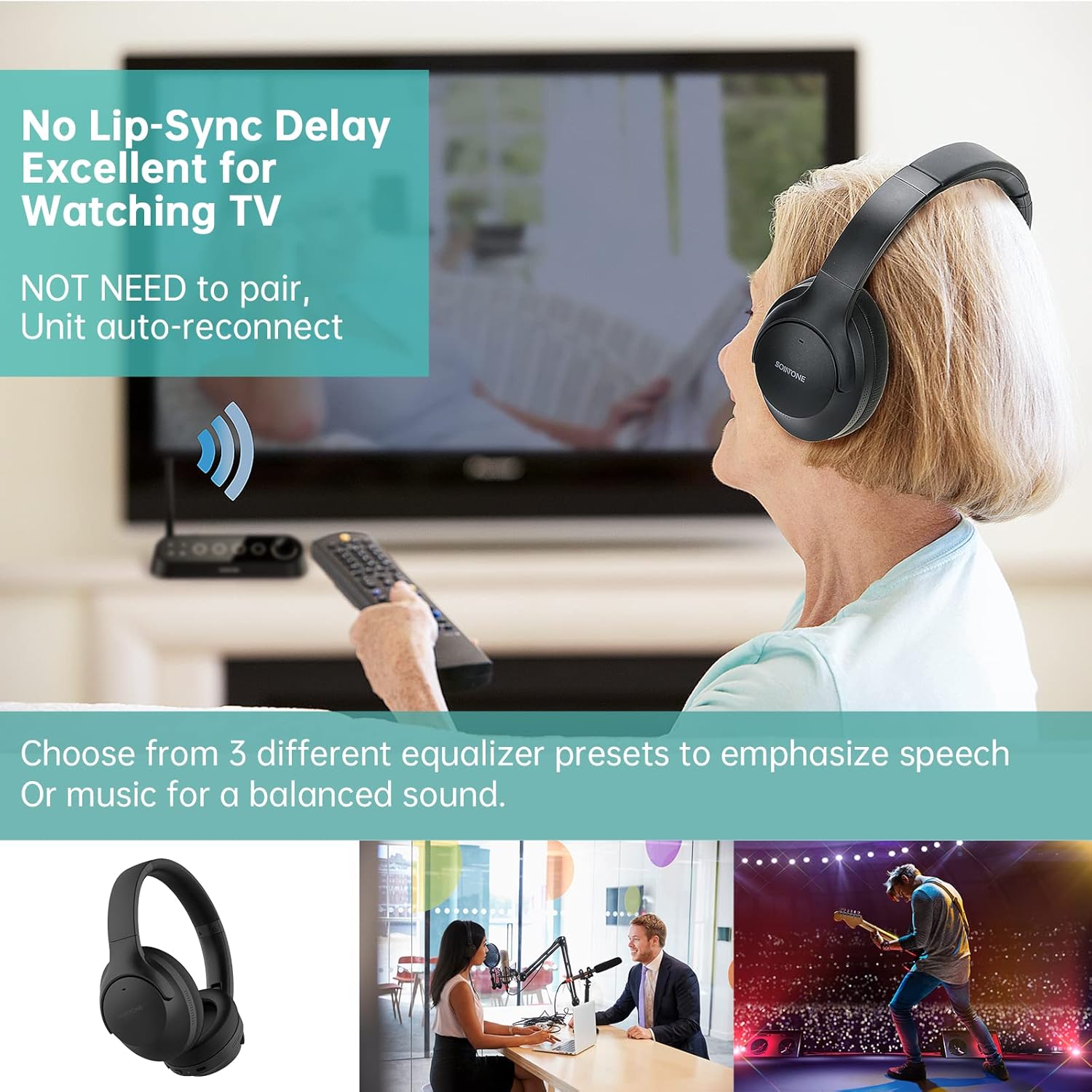 sointone hff86 wireless headphones for tv watching with bluetooth transmitter digital optical aux rca pass through support over ear headset for se