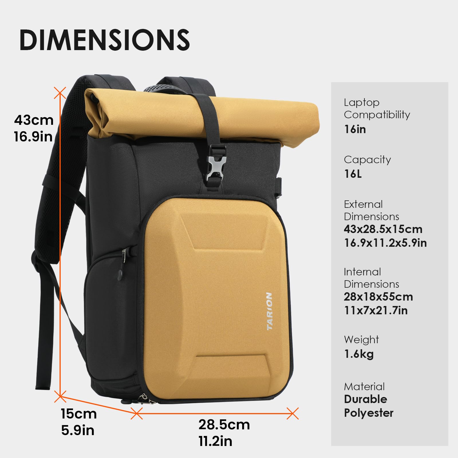 TARION Kamerarucksack Rolltop Fotorucksack mit Hartschale: Professionelle Kameratasche Spiegelreflex mit 16 Zoll Laptopfach für DSLR SLR Kameras Objektive Stativ(Gold)
