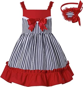 Girls Vintage Red Summer Striped Sleeveless Casual Clothing Teens Toddler Sweet Fashion Midi Dresses