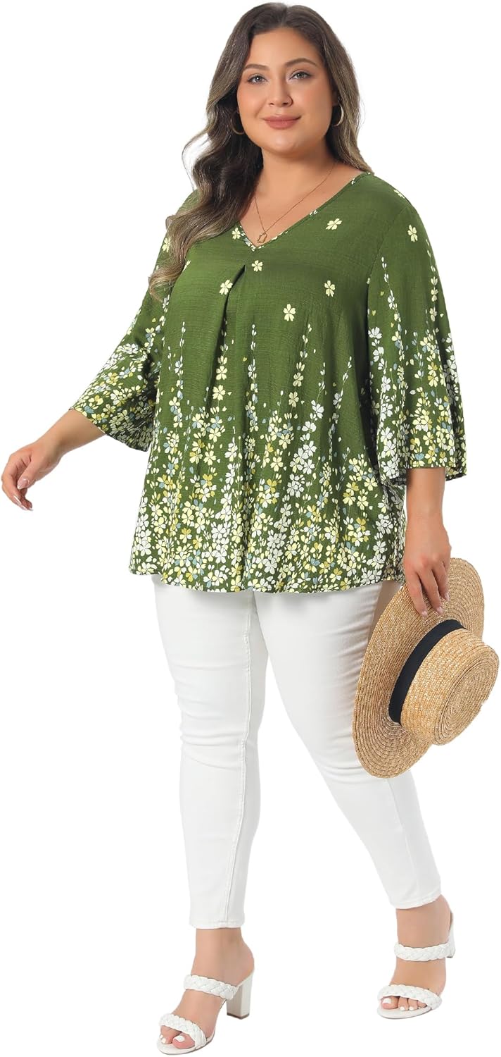 Agnes Orinda Women's Plus Size V Neck 3/4 Sleeve Top Boho Floral Summer t Shirt Tops Loose Fit Blouse Casual Vacation - Image 3