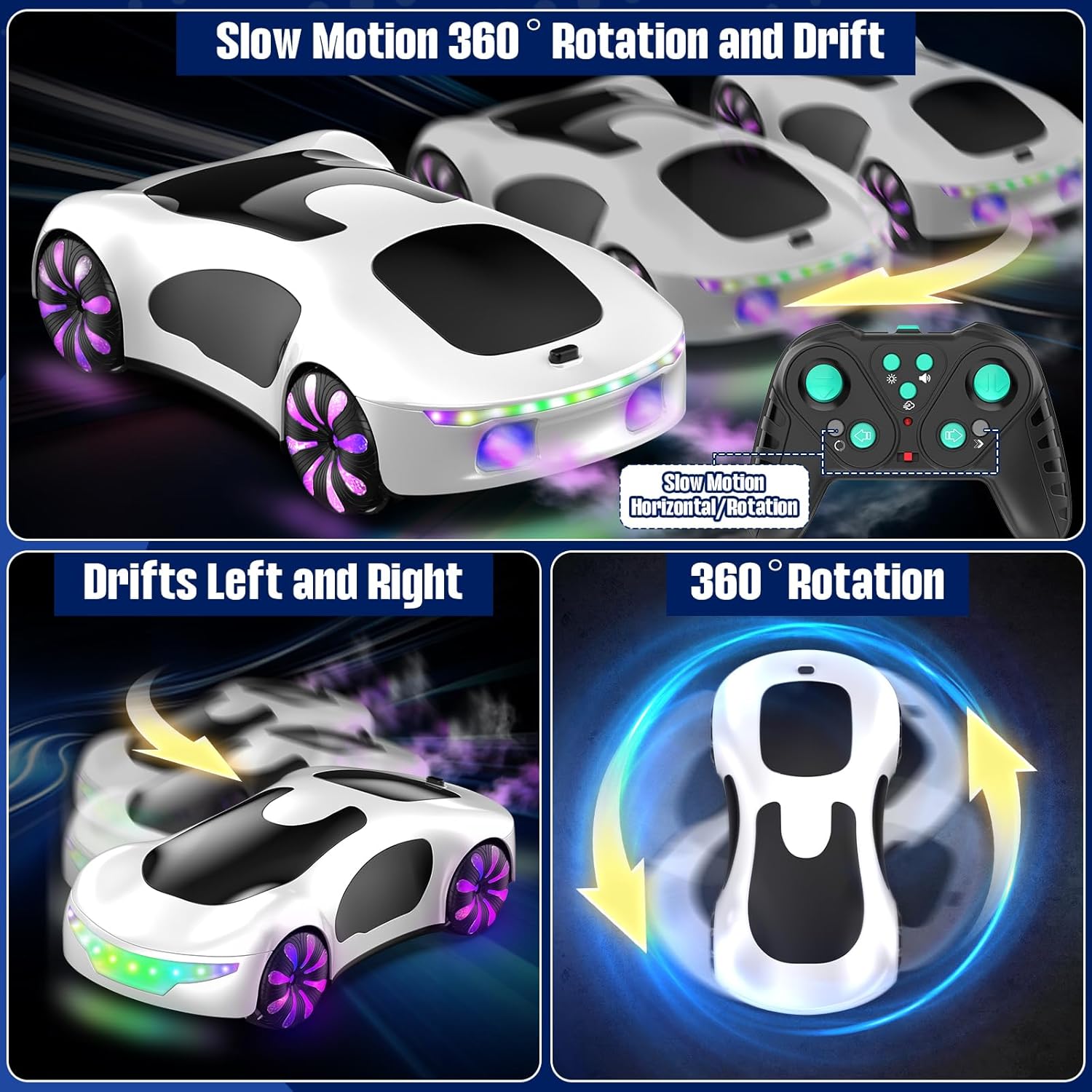 HuiJuKeJi Gesture Sensing RC Stunt Car with USB Charging Dock, 360° Rotate Drift Car, 2.4GHz Dual Remote Control, Cool Spray Mist & LED Lights, Birthday Gift for Kids Boys Girls Age 6-12