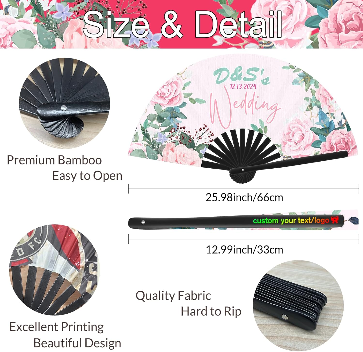 30 Pcs Line Dance Popping Fan Decorative Folding Fans Personalized Custom Fans Handheld Bulk with Photo Picture Text for Wedding Party Graduation 13 Inches