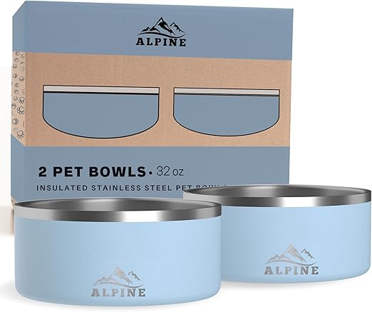 ALPINE Set of 2 Stainless Steel Dog Bowls, Non Slip, Metal Pet Bowl for Food and Water, Double Walled Insulated, Rustproof, Dishwasher Safe (32 oz, Sky Blue)