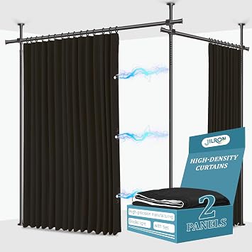 JILRON No-Drill Room Divider Curtains Set: Includes 106 W x 96 L Black Curtain 2-Panel & Adjustable Pole Brackets (72-200 W x 43-120 H Adjustable Range)