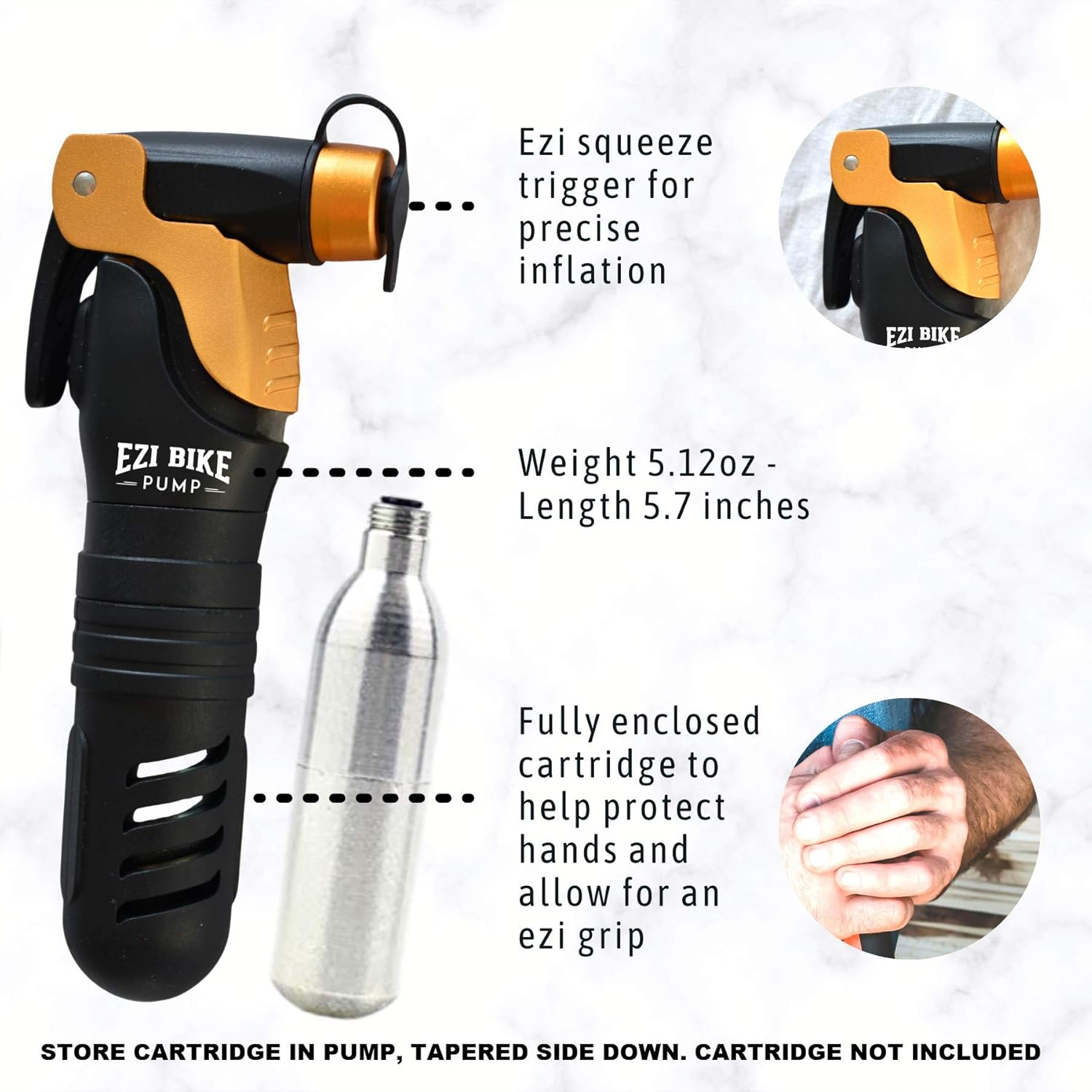 Pump - CO2 Bike Tire Inflator - No CO2 Cartridge, Trigger Control, Quick Release Lever, Mini Size, Lightweight, for Road, Mountain, Gravel Bikes and E-Bikes. Fast Tire Inflation in 3 Seconds.