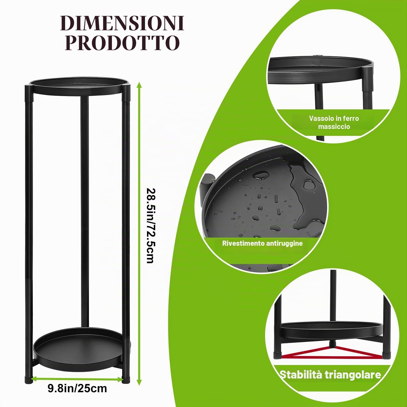 2 livelli Porta piante da interno, supporto per piante in Metallo, Piante Stand Fiore Porta Piante piedistallo, Scaffale per piante porta vasi per balcone angolo esterno giardino (Nero-1P)