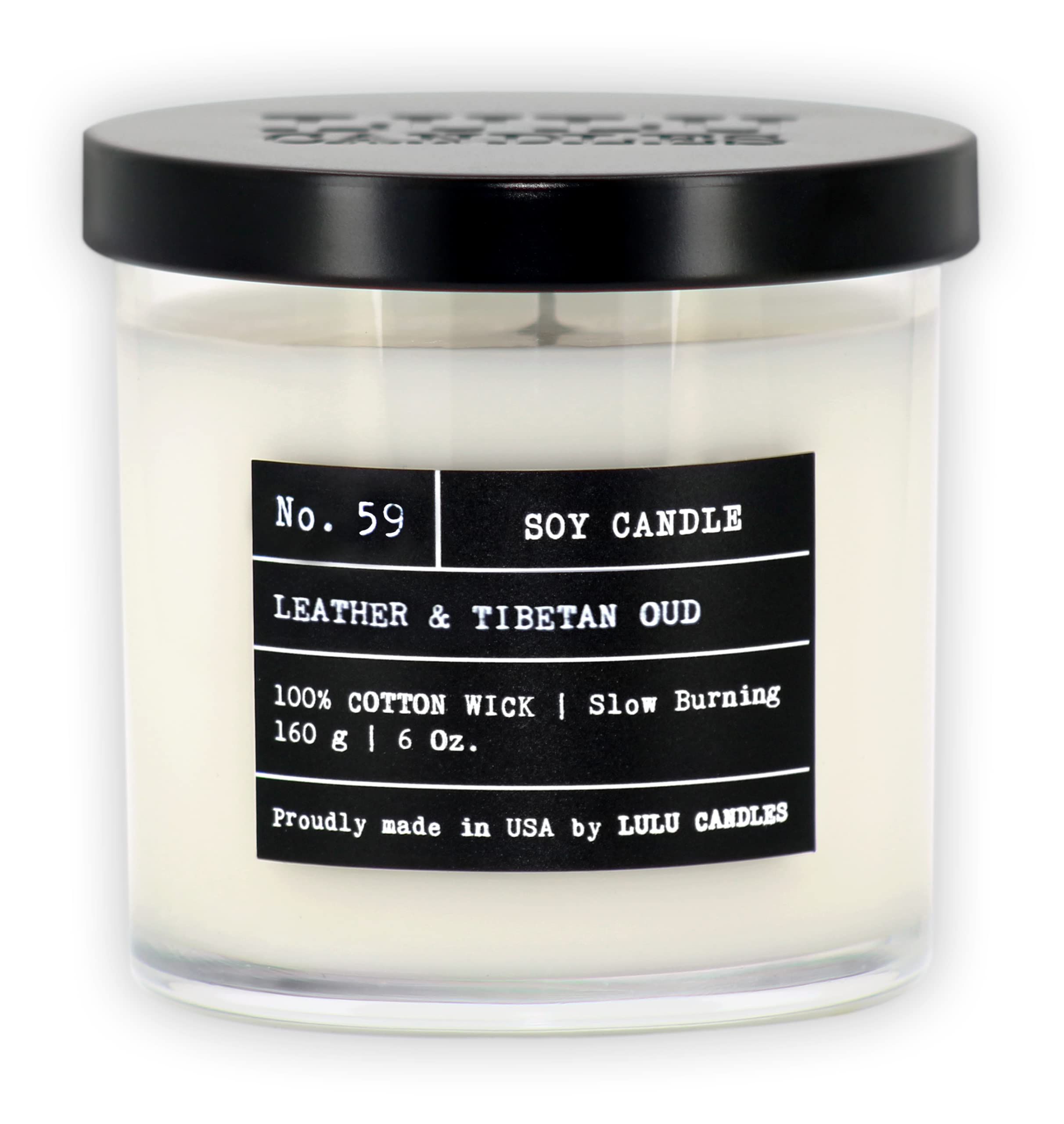 Lulu Candles | Leather & Tibetan Oud | Highly Scented Candles for Home - Soy Blend Jar Candle with 100% Cotton Wick - Slow Burning (6 Oz.)