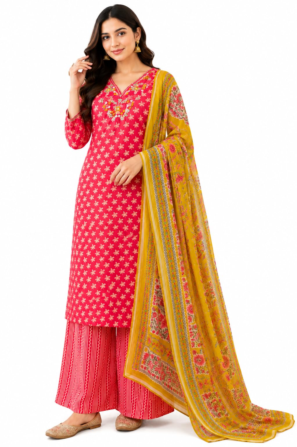 Women's Pink Cambric Cotton Unstitched Salwar Suit Material with Mustard Printed Dupatta | Floral Ethnic Dress Material Set | Top, Bottom & Dupatta (2.25 m Each)-image-15