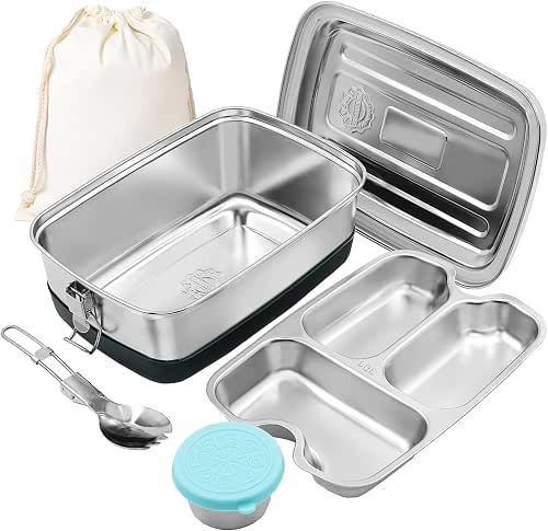 iDattel Brotdose Edelstahl, 2000ML Lunchbox Auslaufsicher mit Fächer und Dichtring–BPA-frei–Lunchbox