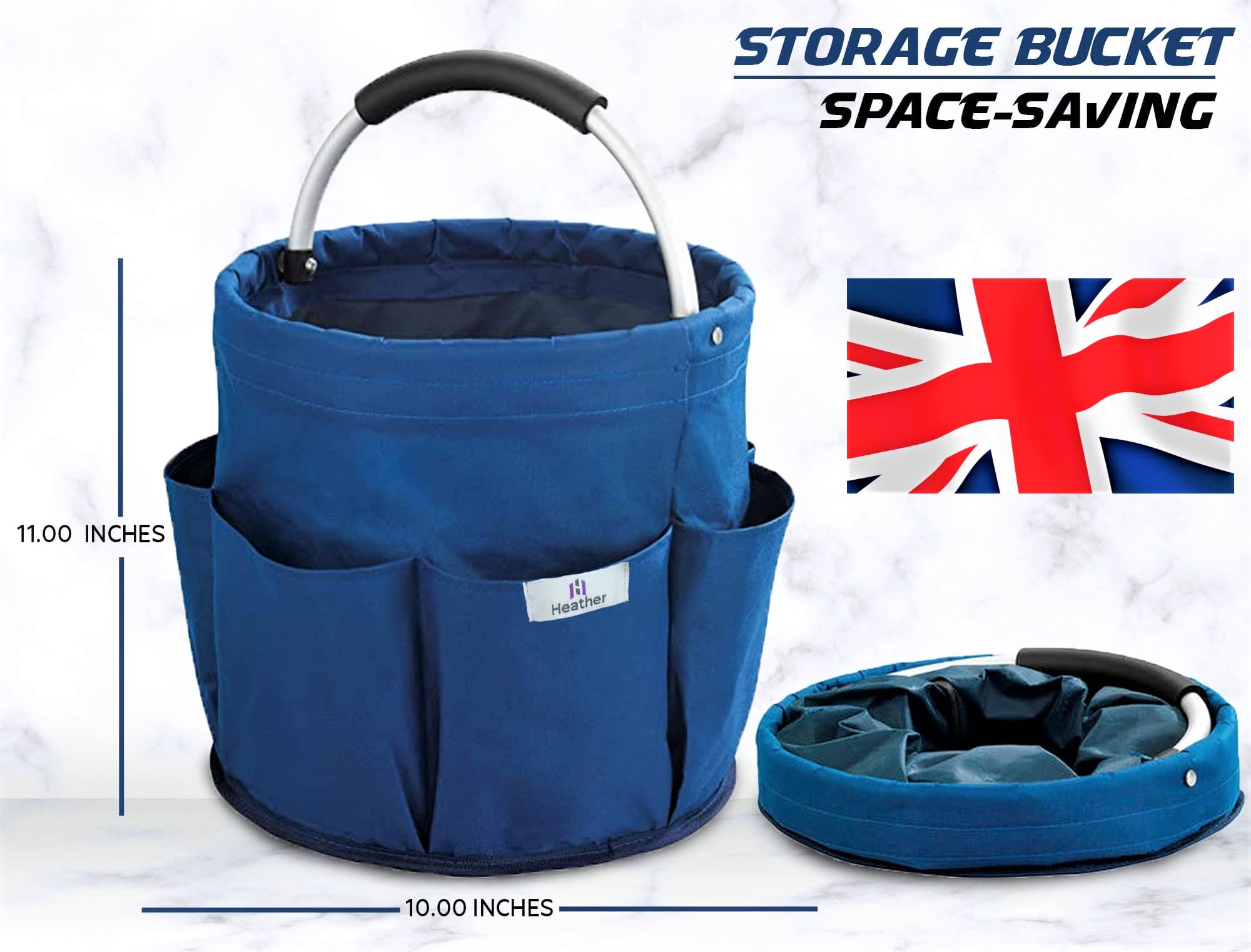 heather Organiseur de nettoyage avec poignée - Sac seau pour ustensiles de nettoyage - Petit sac à outils de jardin pliable - Multi-poches - Pliable - Économie d'espace - Universel - Bleu