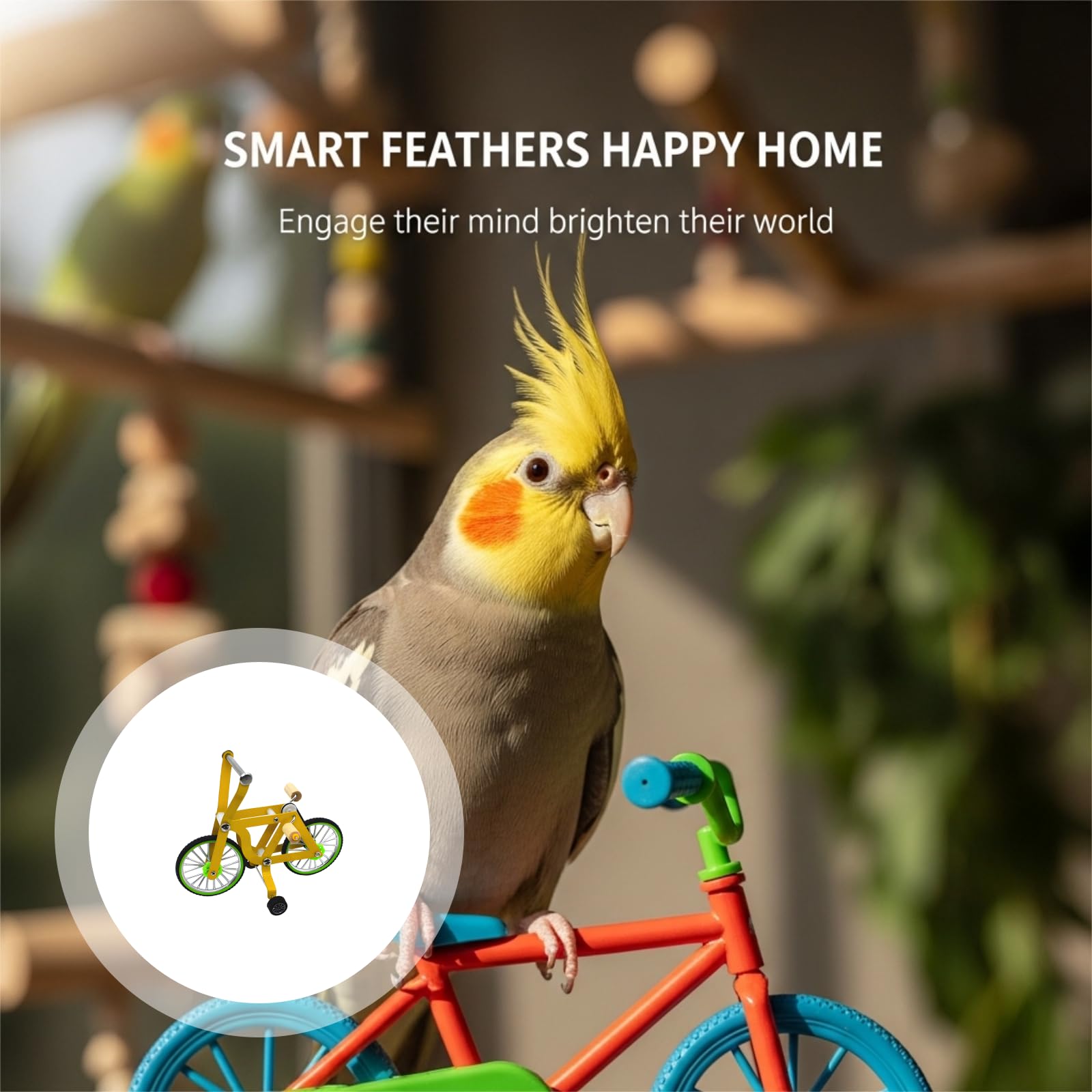 Mała papuga zabawka rowerowa dla Budgies i Cockatiel, zabawka treningowa z metalową ramą, drewnianym uchwytem, gumowymi kółkami, zapasową gumką w zestawie, 6.1 x 4.9 in / 15,5 x 12,5 cm