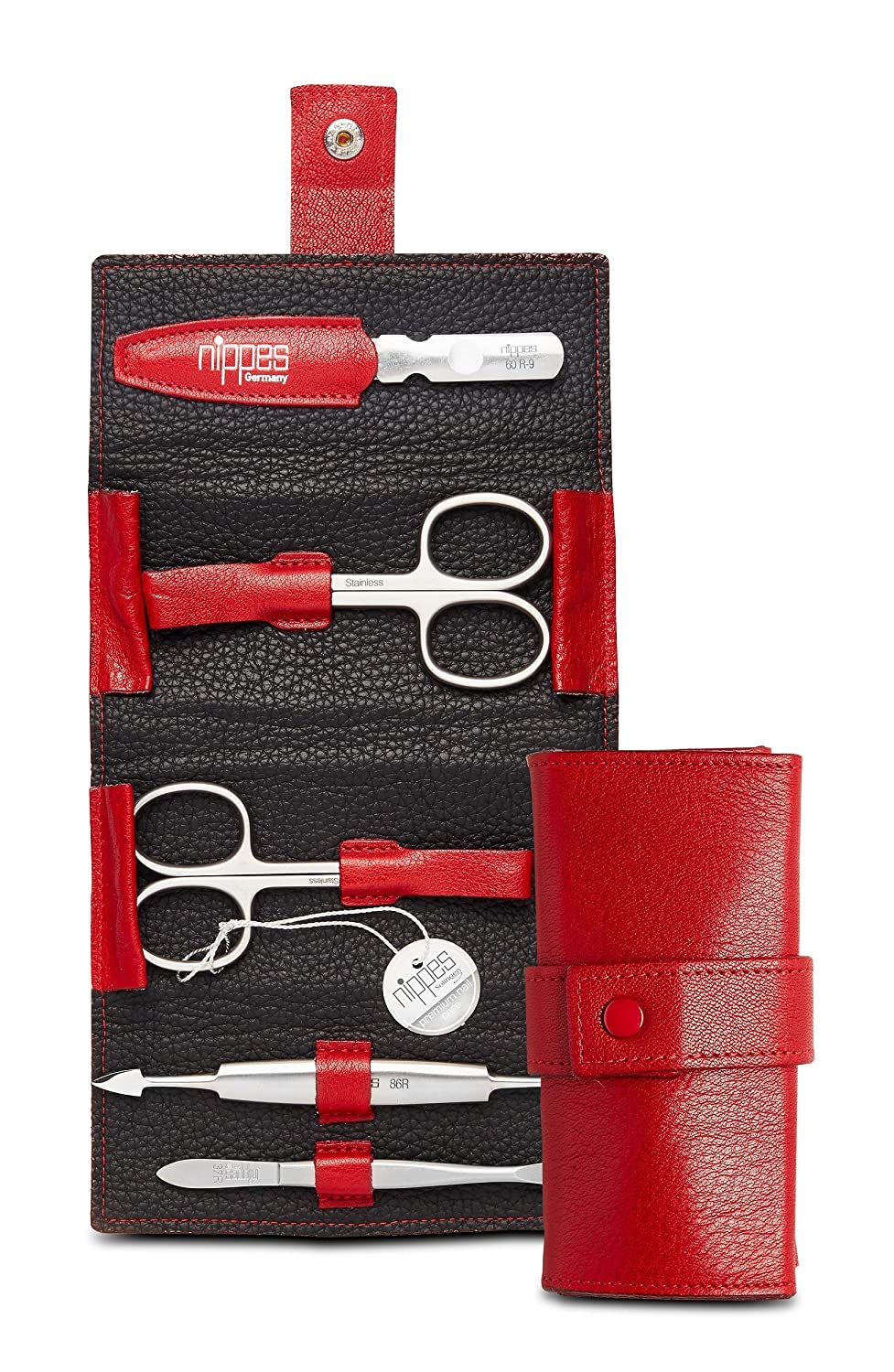 nippes Solingen Premium Line Maniküre Set Wild Red, 5-teilig, Edelstahl rost- und nickelfrei, Nagelpflege Set, Echtes Rindsleder-Etui, Maniküre Pediküre, Made in Germany | Rindsleder-Etui in Rot, handgenäht, Nagelpflege-Werkzeug, Druckknopfverschluss, han