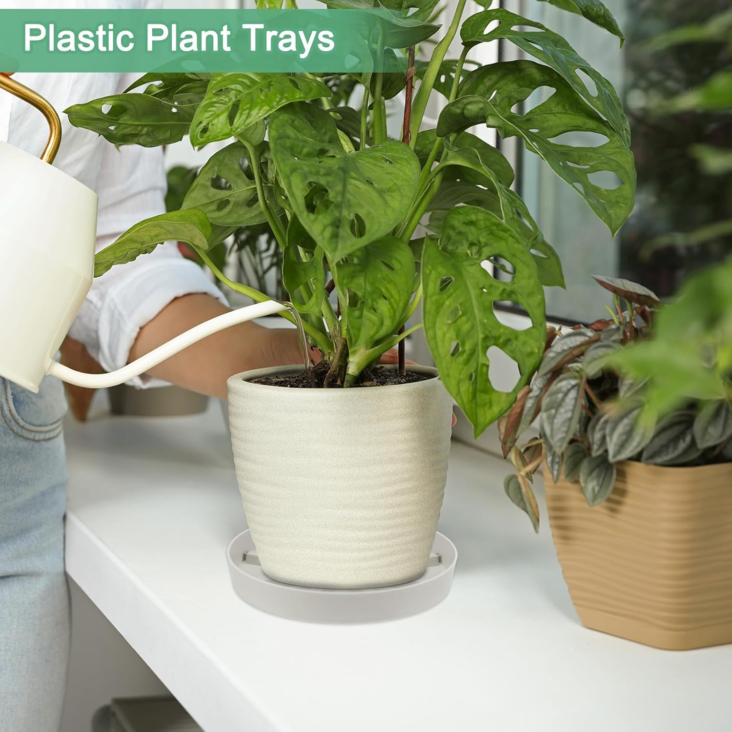 M METERXITY 3-Pack Plant Saucer, 12 Inch Flower Pot Saucers, Thicker Anti-Rot Root Plastic Plant Saucer for Indoor/Outdoor Potted Plant/Plant Water Catcher Tray [Cream]