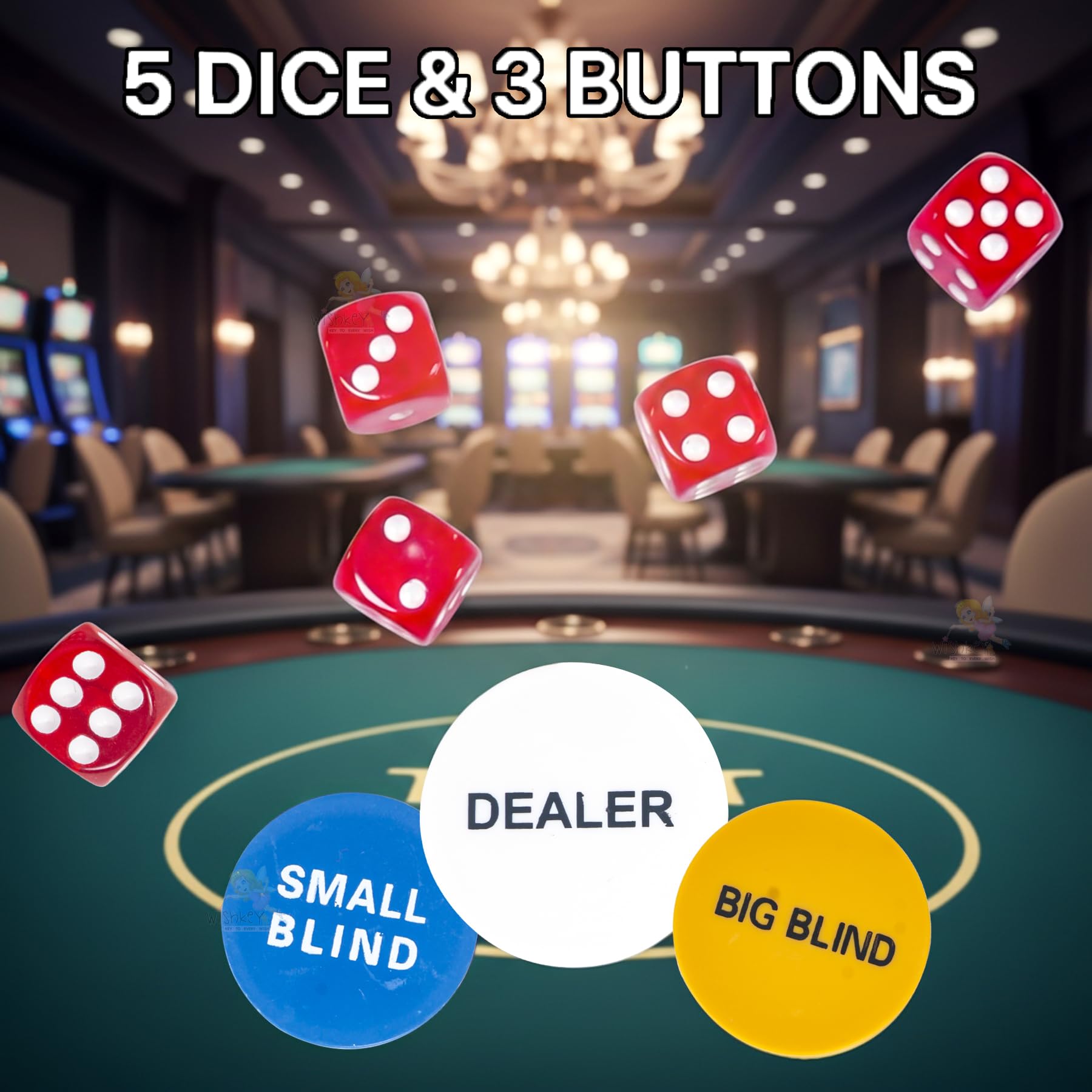 Wishkey Poker Chips Set 500 PCS With Rupee Printed Chips, 5 Dice, 2 Decks of Playing Cards, 3 Dealer Buttons & Premium Carry Case Casino Style Poker Game Set for Home Party, Friends & Family 14+ Years 4