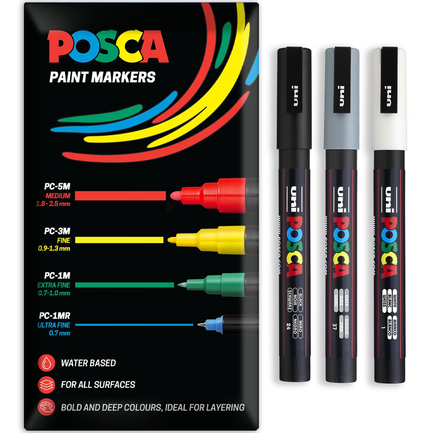 Posca Water Based Acrylic Paint Marker Pens | Multi Surface Use Permanent Paint Pen | Pack of 3 Pens in Envelope Gift Packaging | Glass, Fabric, Canvas, Wood etc | PC-3M, Black, Grey, White