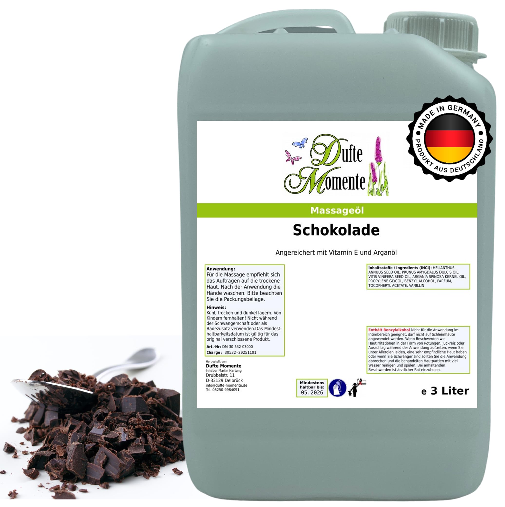 Dufte Momente Massageöl Schokolade – 3 Liter – Paraffinölbasis – warm & sinnlich – professionelle Gleitfähigkeit – für Massage, Wellness & Studio – vegan & Made in Germany