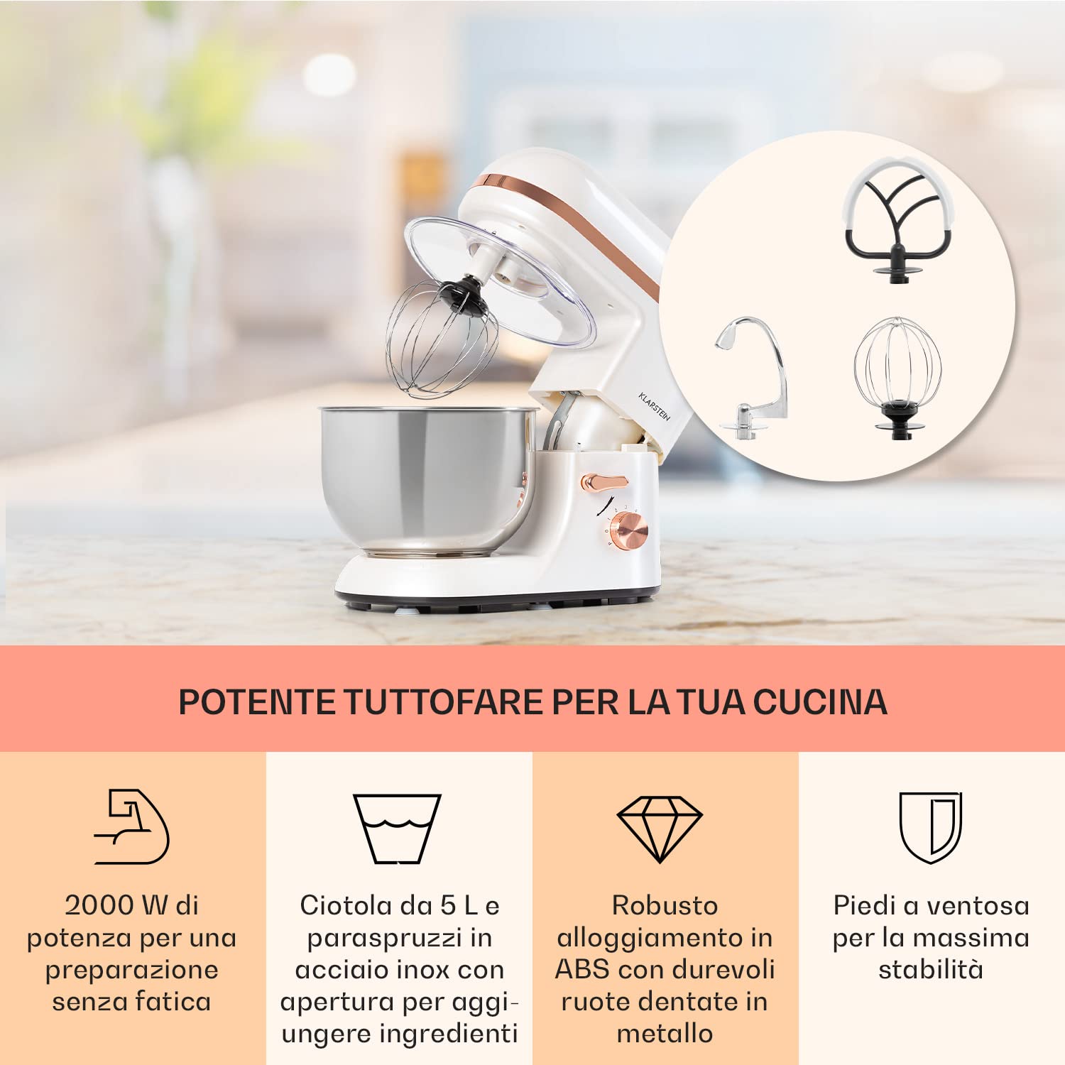 Klarstein Planetaria Professionale, Impastatrice Planetaria 5 Litri con Ciotola, Impastatrice Planetaria Professionale 1800W per Pizza e Dolci a 6 Velocità, Impastatrice Pane con Gancio e Frusta