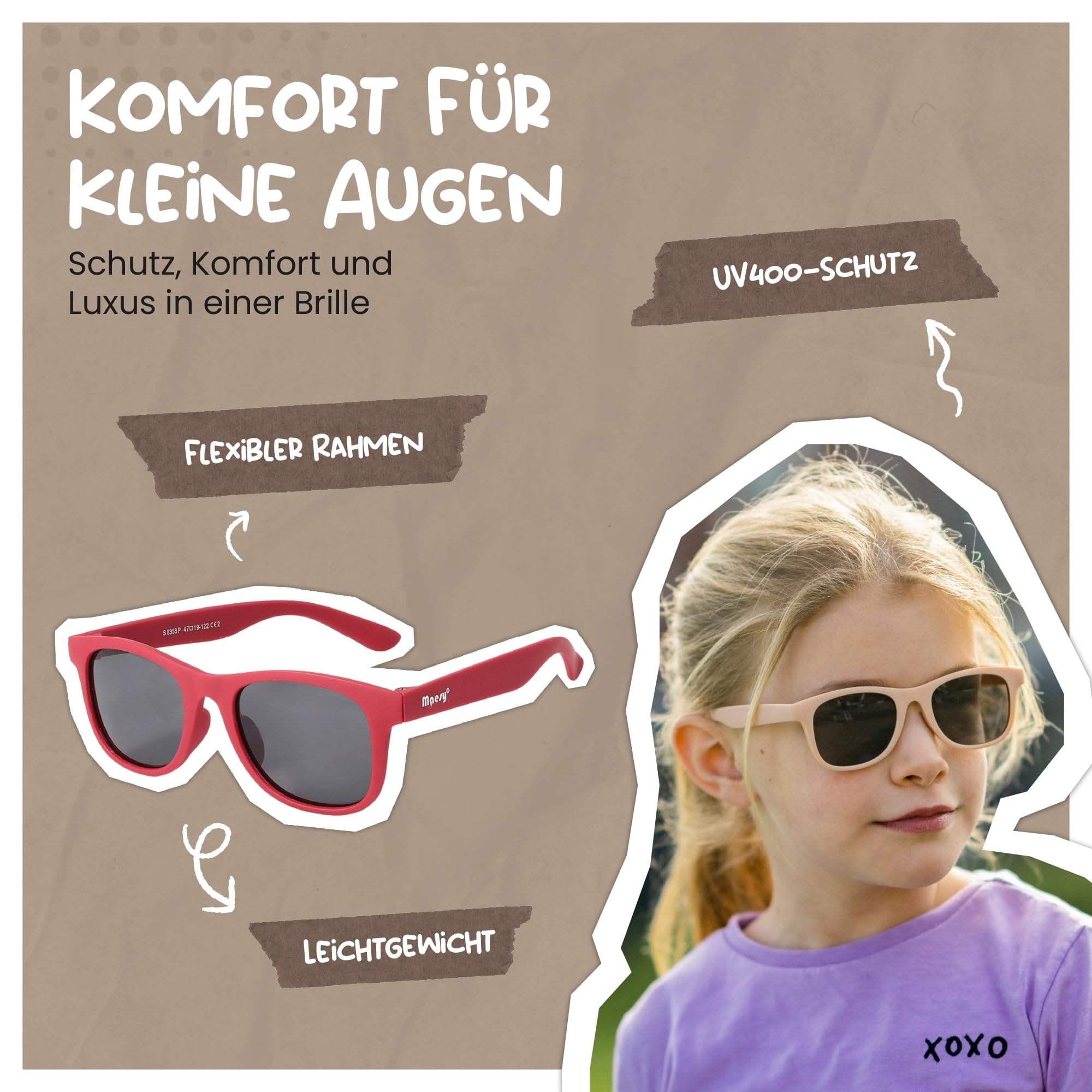 Occhiali da Sole per Bambina, 3-6 Anni, Protezione Polarizzata UV400, Montatura Flessibile e Pieghevole, Occhiali da Sole Sicuri e Comodi per Bambino, Lino