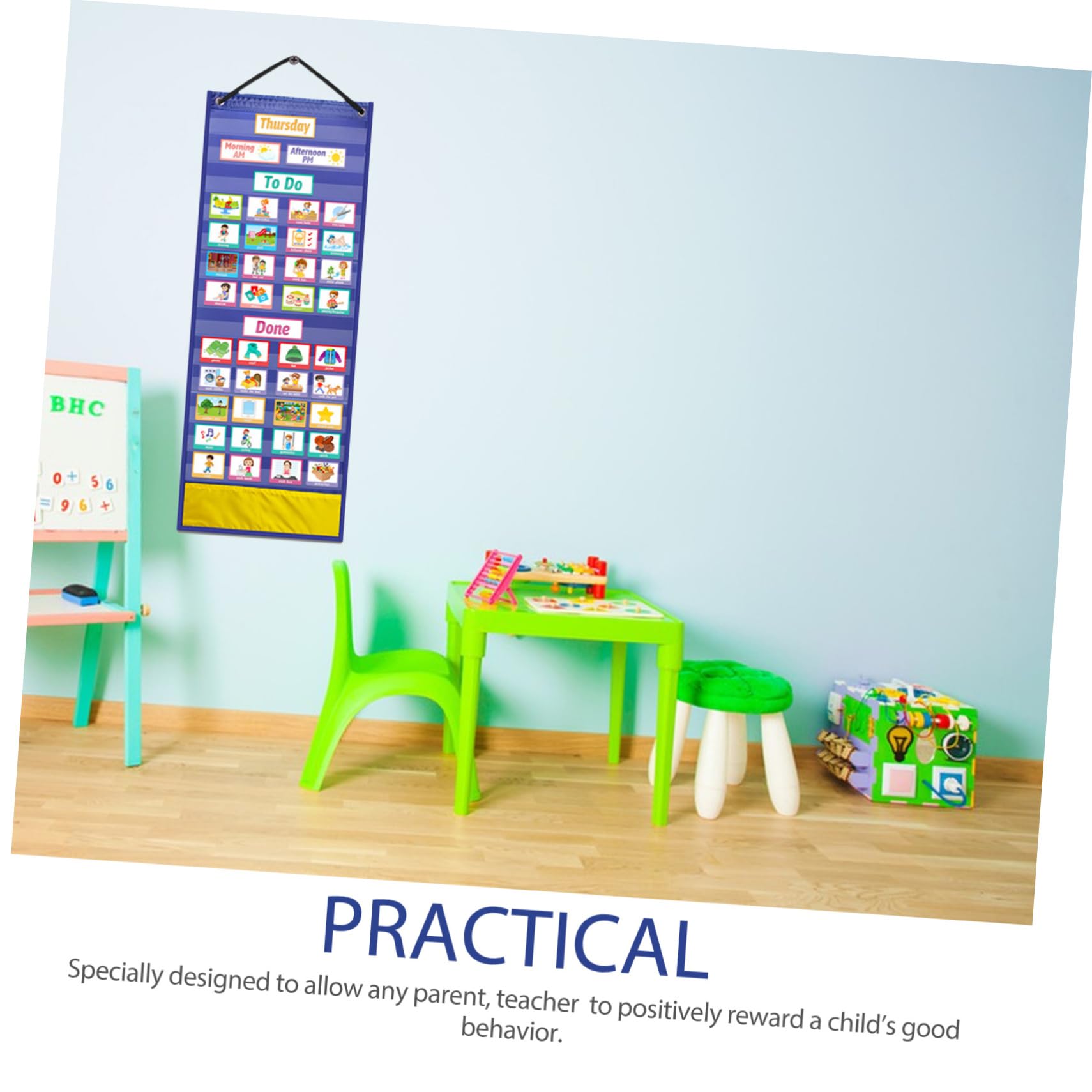 STOBOK Tabla de Rutina Visual para Niños en Casa y Escuela, Calendario Infantil Azul Material Seguro de Poliéster y Pvc para Planificación Diaria y Recompensas