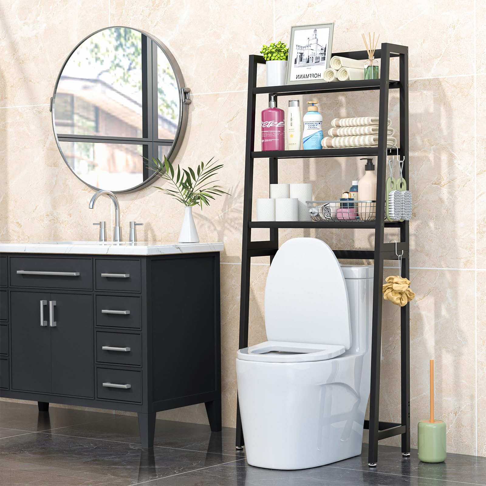 VASMIA Toilettenregal, 3-Ebenen Bambus WC Regal über die Toilette mit 3 Haken und Wasserdichten Fußpads,Freistehende über die Toilette Regal für das Badezimmer,Schwarz