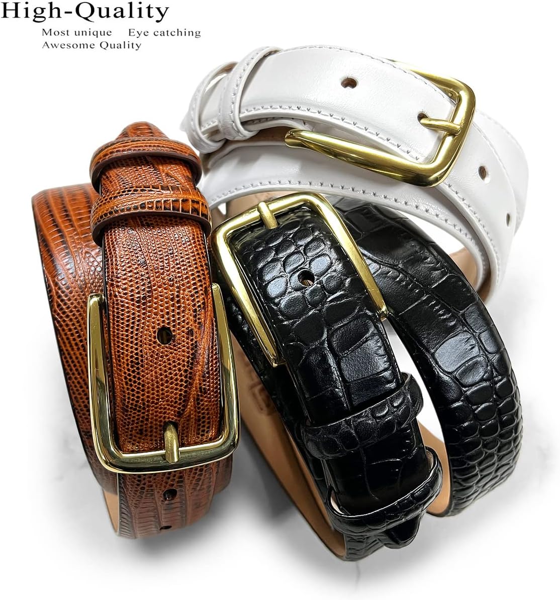 Andrew/Armando - Dress Belt Solid Brass Buckle (Gold & Silver) Genuine Full-Grain Cowhide Leather Belt 1-1/8"(30mm) Wide - Image 2