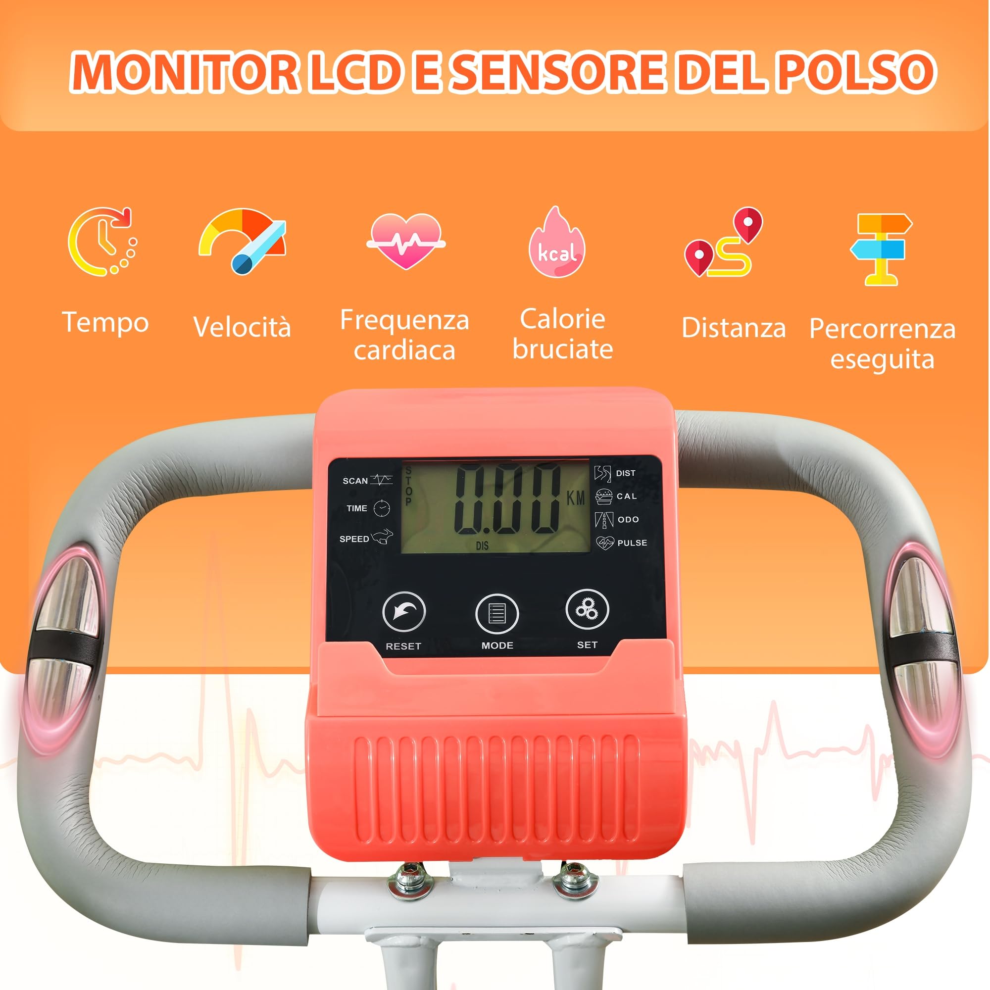 HOMCOM Cyclette Pieghevole 2 in 1, Resistenza Magnetica Regolabile 8 Livelli, Cyclette da Casa Silenziosa con Sensore Cardiaco, Sedile Regolabile, Bande Elastici, Schermo LCD, Ruote