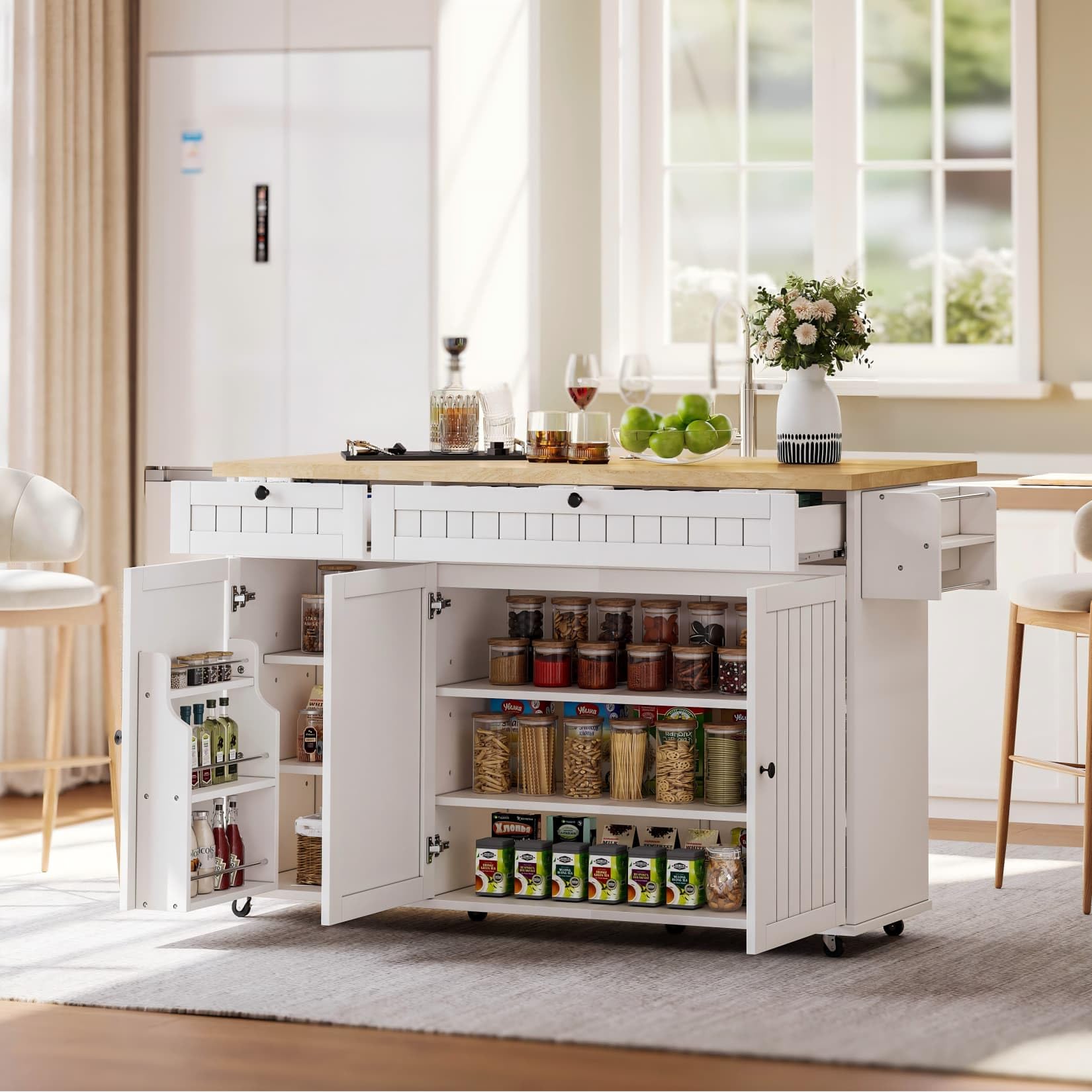 PUGSDRLY Desserte Cuisine à 6 roulettes Orientables,Îlot Central,Buffet Cuisine avec Plan de Travail Pliable,Étagères Réglables,2 Tiroirs,Portique (A-Blanc, 70x137x89.5)