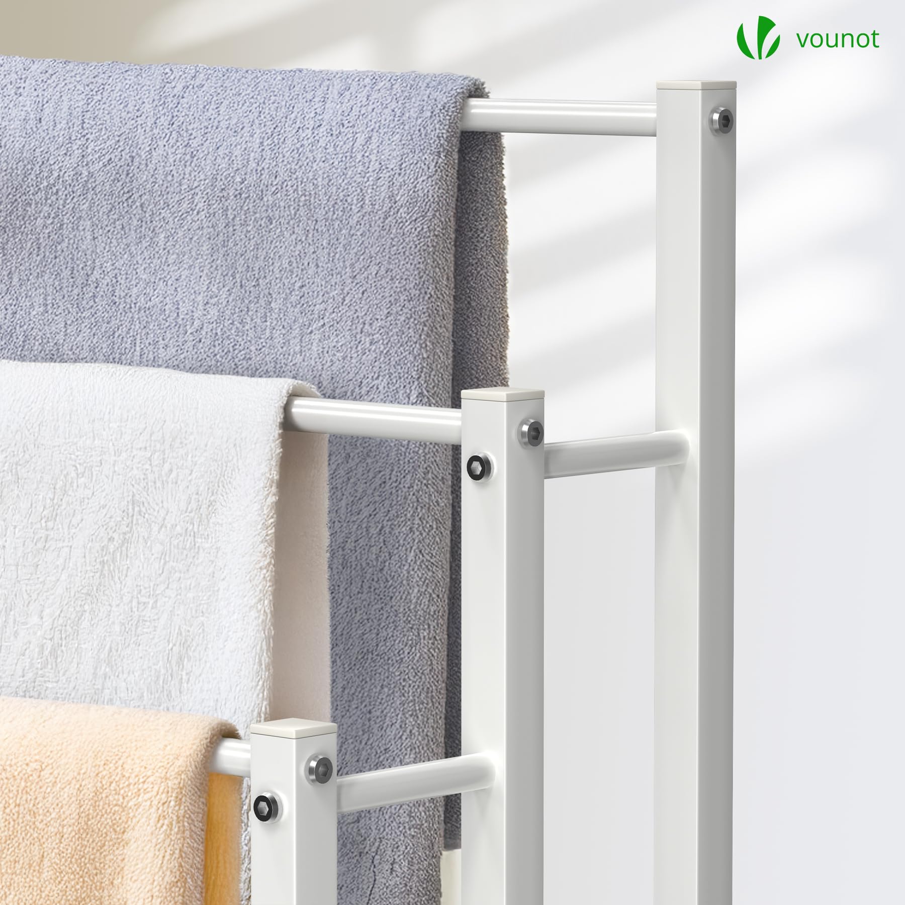 VOUNOT® Porta Asciugamani Bagno da Terra, Portasciugamani Autoportante in Metallo con 3 Bracci, Organizzatore per Bagno, 45x22x86 cm, Bianco