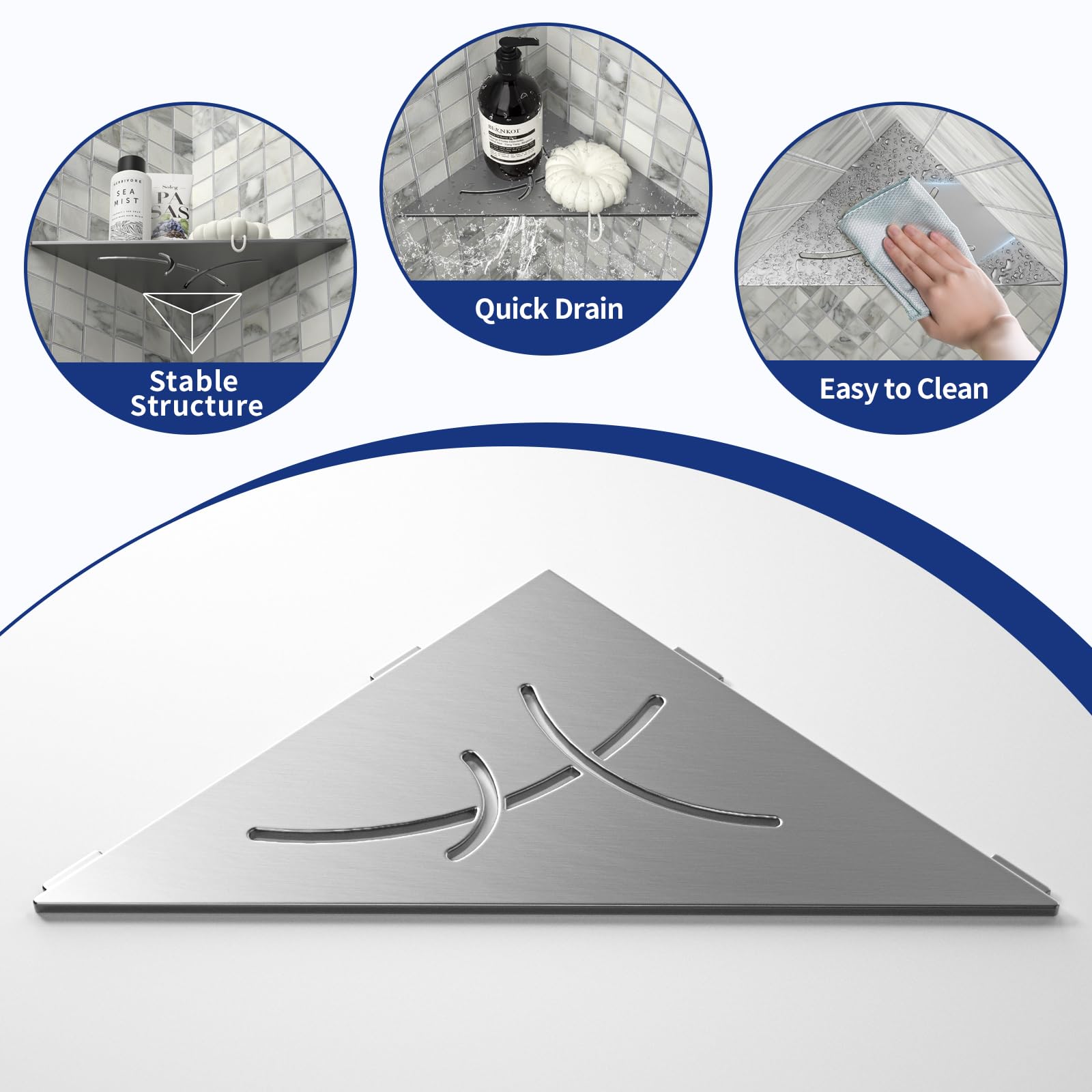 Estantería esquinera de ducha de acero inoxidable 304 con 3 mm de grosor, estantería de esquina empotrada de 254 mm, estantería de pared de azulejos, estantería triangular para almacenamiento