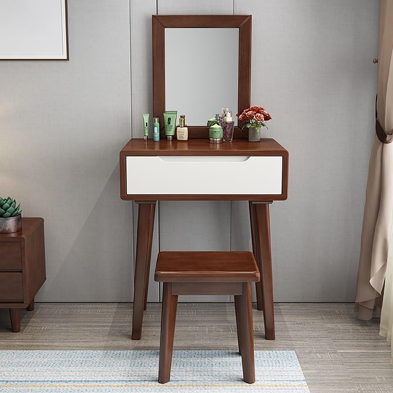 asdchZen Elegant White Vanity Desk Set With Mirror, Cushioned Stool, And Drawer-Perfect Makeup Table For Bedroom And Dressing Room-Ideal For Girls And Women.,Walnut White-60x40x75cm