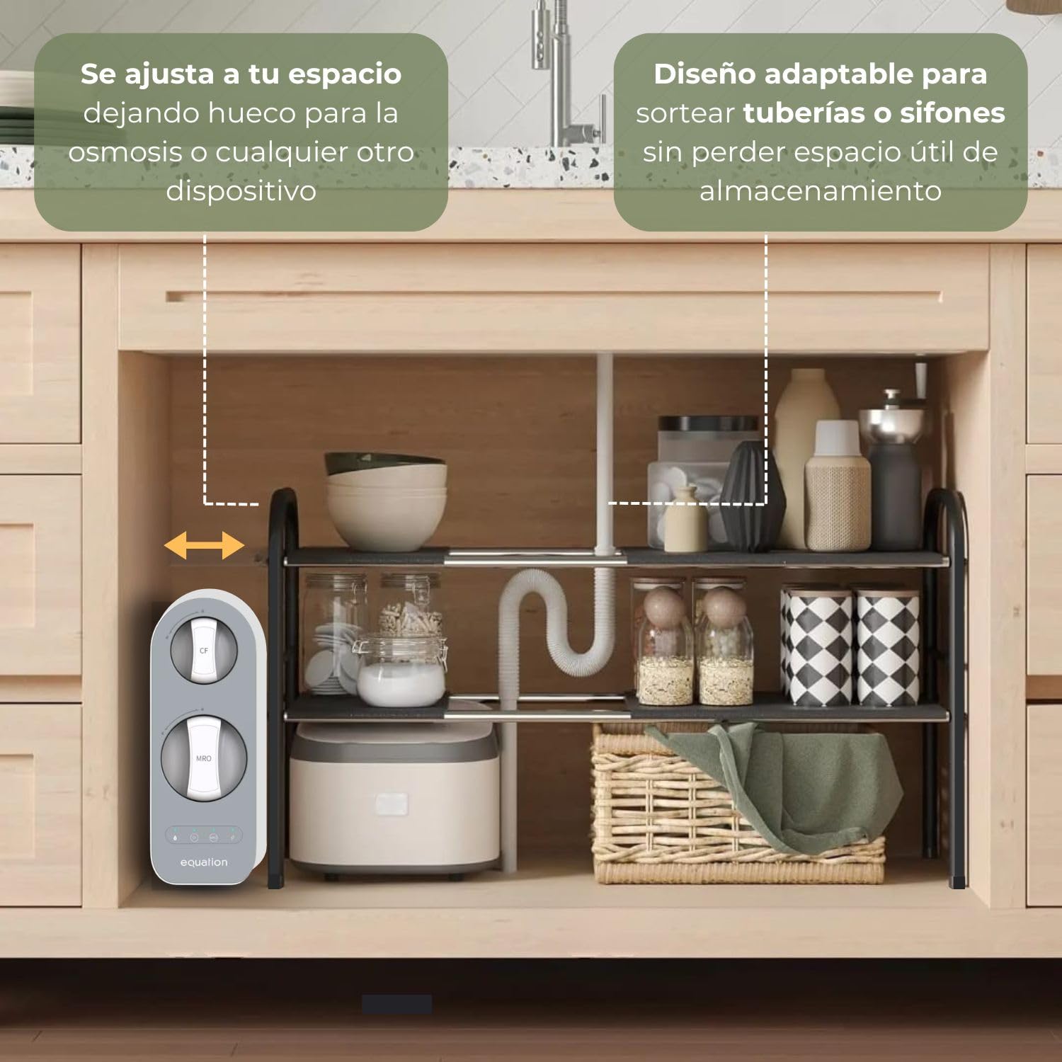 Organizador Cocina Bajo Fregadero Extensible de 2 Niveles | Estantería Multiuso en Acero al Carbono de Alta Resistencia | Organizador Ajustable para Armarios con Tuberías en Cocinas y Baños