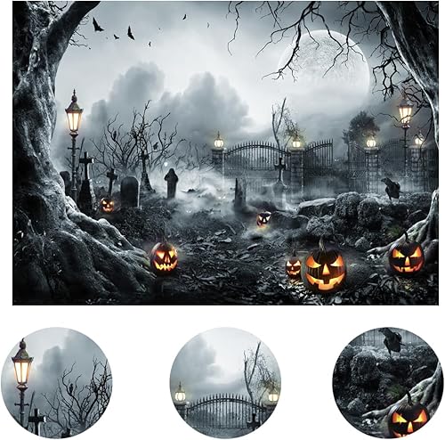 Miniatura 5 de LYWYGG Telón de fondo de Halloween de 7 x 5 pies para fotografía, fondo de noche de terror, telón de fondo de luna de calabaza aterradora para