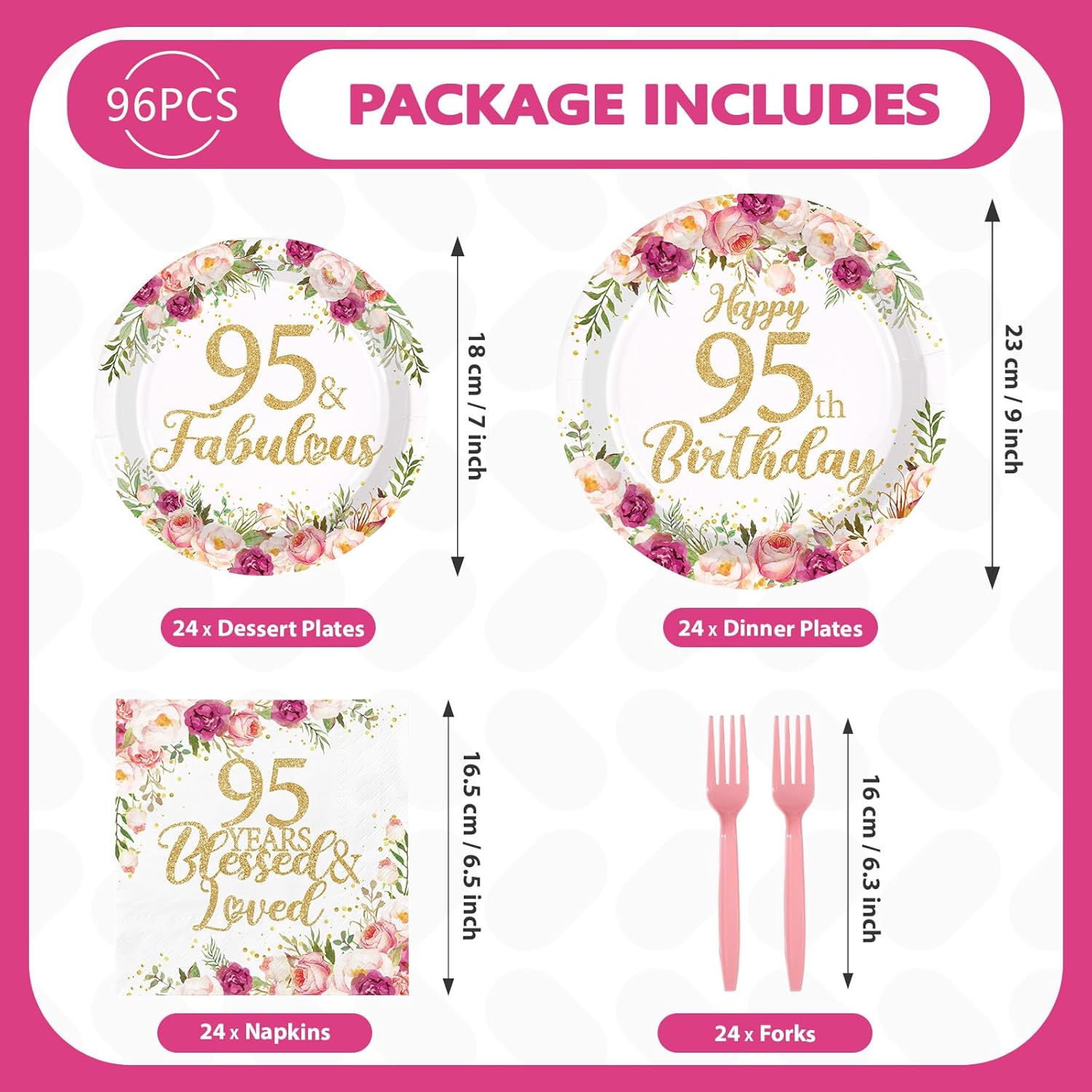 96Pcs 95th Birthday Decorations for Women Rose Gold Floral Party Plates and Napkins Disposable 95th Birthday Gifts Tableware Set for Women Fabulous Party Decorations Serves 24 - Image 2