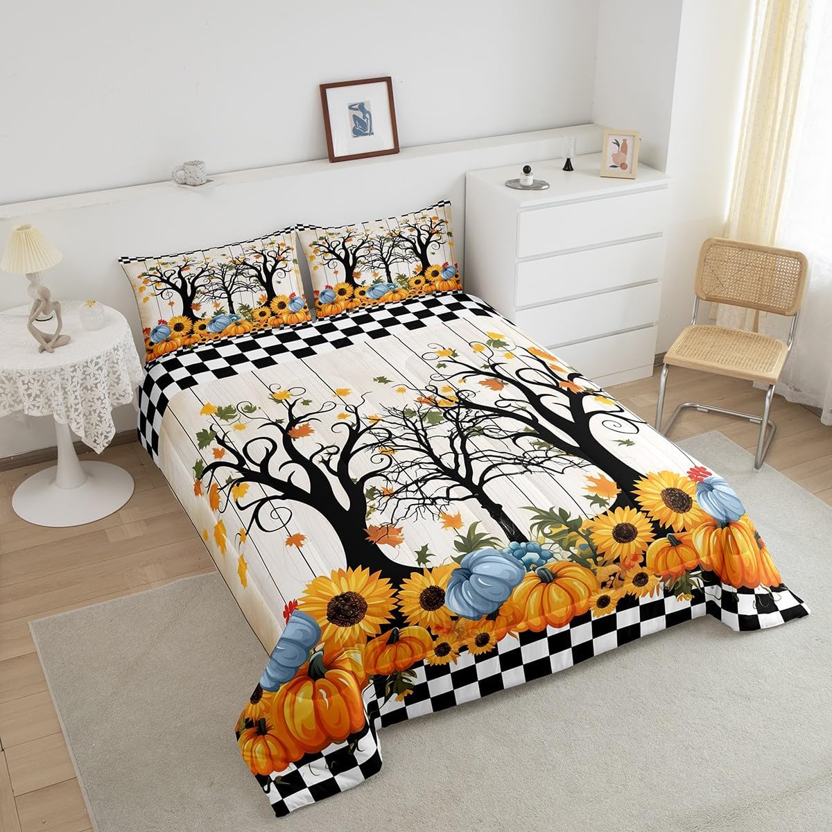 Manfei Maple Tree Comforter Set Queen Size, Autumn Pumpkin Sunflower Leaves Quilt Set with 2 Pillowcases, Black White Plaid Wooden Bedding Set 3pcs for Kids Girls Lightweight Duvet Insert