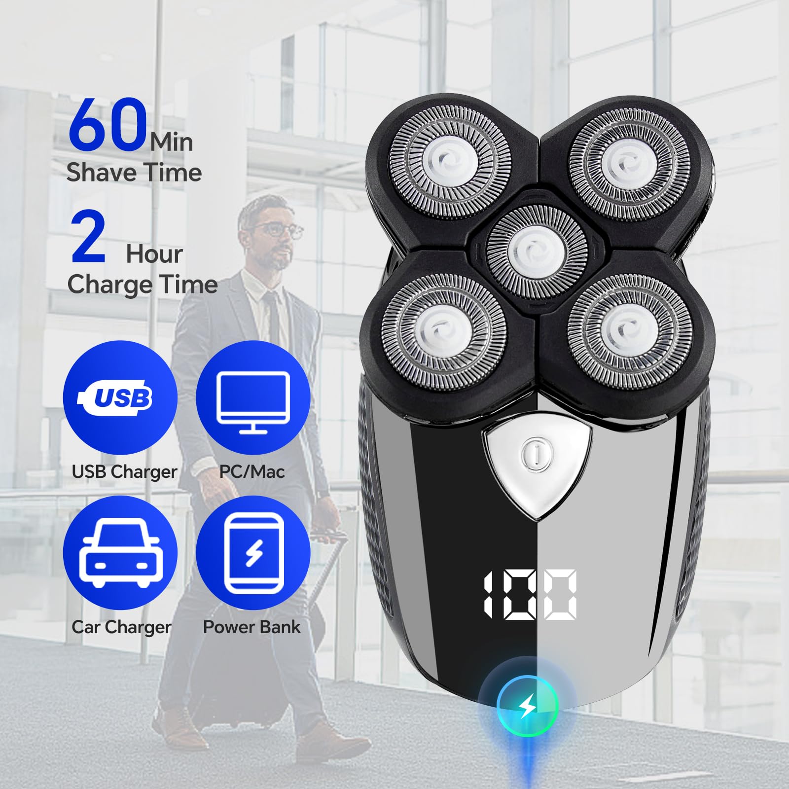 5-in-1 Bald Head Shaver, Waterproof Cordless Electric Grooming Kit
