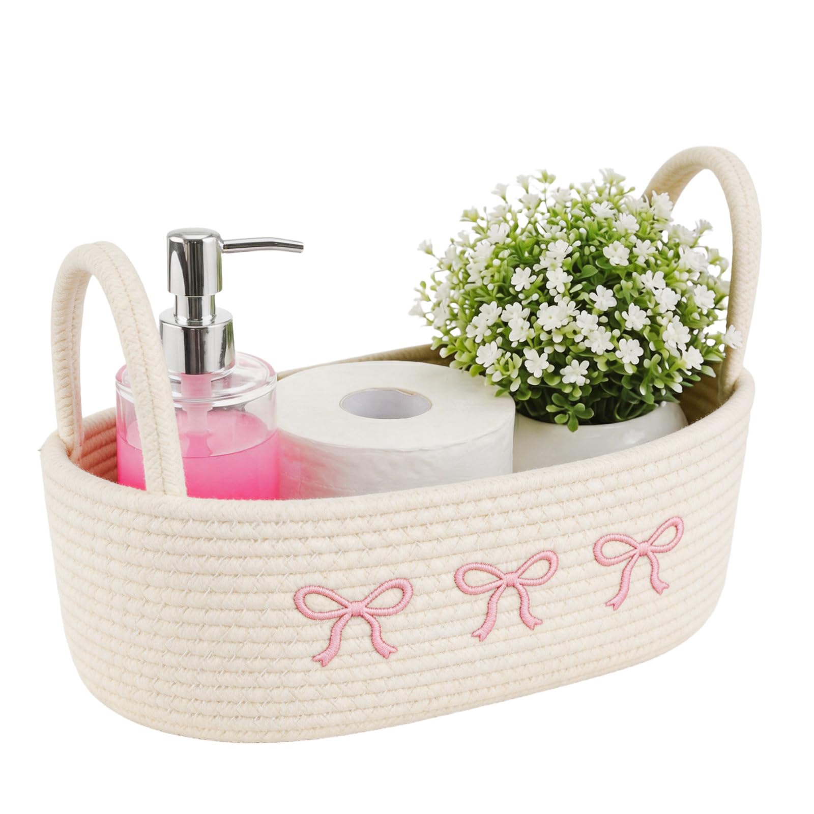 powerking Woven Gift Shelf Basket with Handles,Toilet Paper Baskets with Bow Pattern,Bathroom Storage Basket for Closet,Toilet Tank Top,Bedroom,Nursery Toys Organizing