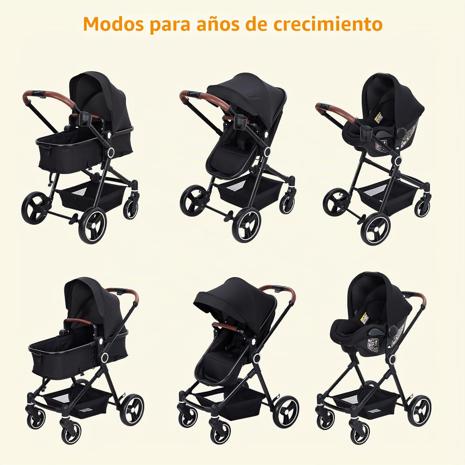 Silla de Paseo Bebé 3 en 1 con Carro Plegable, Carrito Bebé Ligera con Respaldo Ajustable, Toldo Retráctil, Cesta de Almacenamiento, Ganchos y Portavasos Desmontables