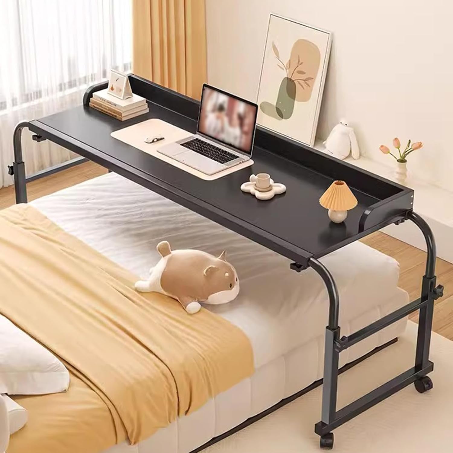 Overbed Portable Desk with Castor Wheels,Height Adjustable Computer Workstation Over Bed Table with Desktop Baffle Food Tray Desk Rolling Medical Table Overbed Table(Color