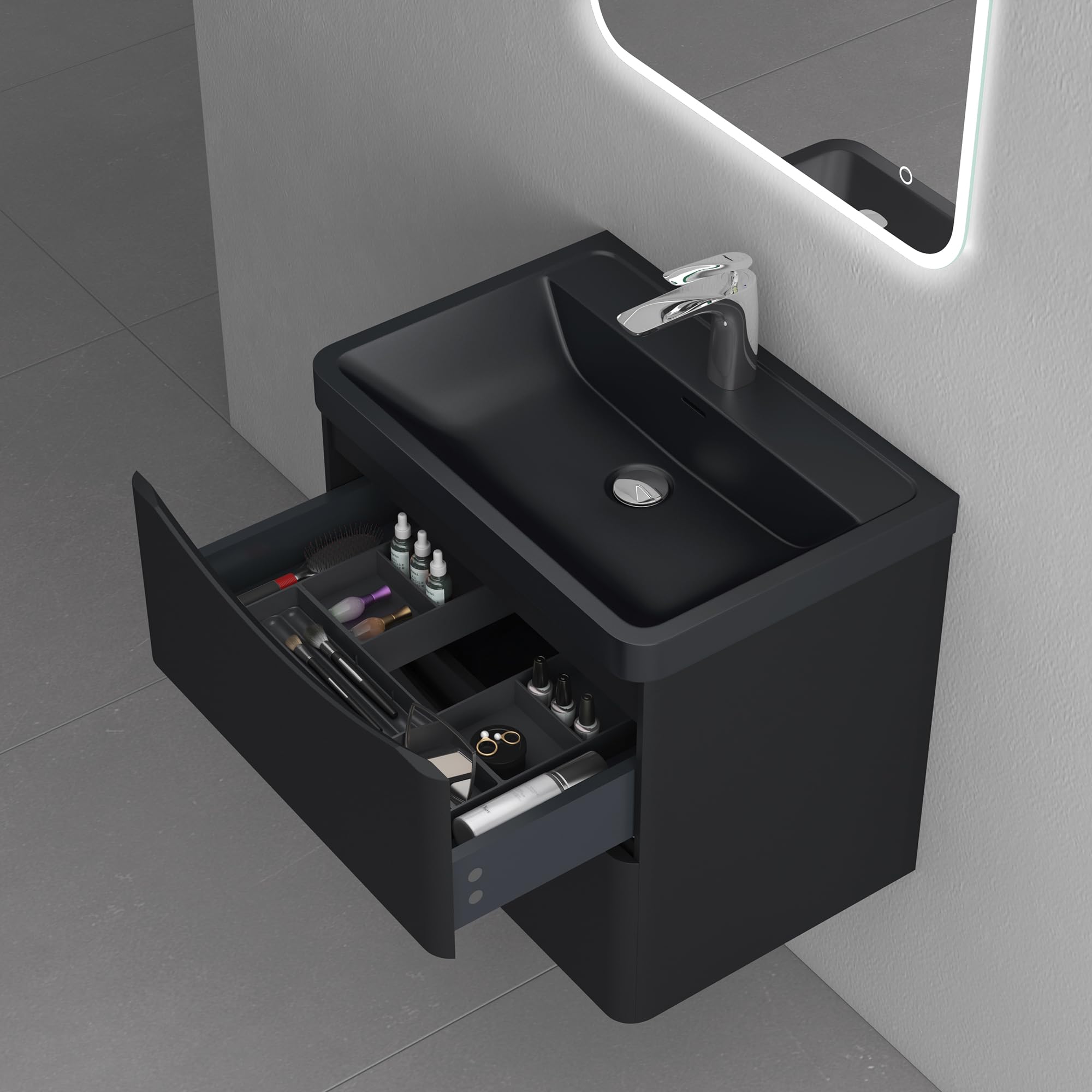 doporro Meuble de Salle de Bain Suspendus Noir Mat 60x42x50cm Ensemble de 2 Pièces Meuble avec Lavabo Design Smile-Lackier