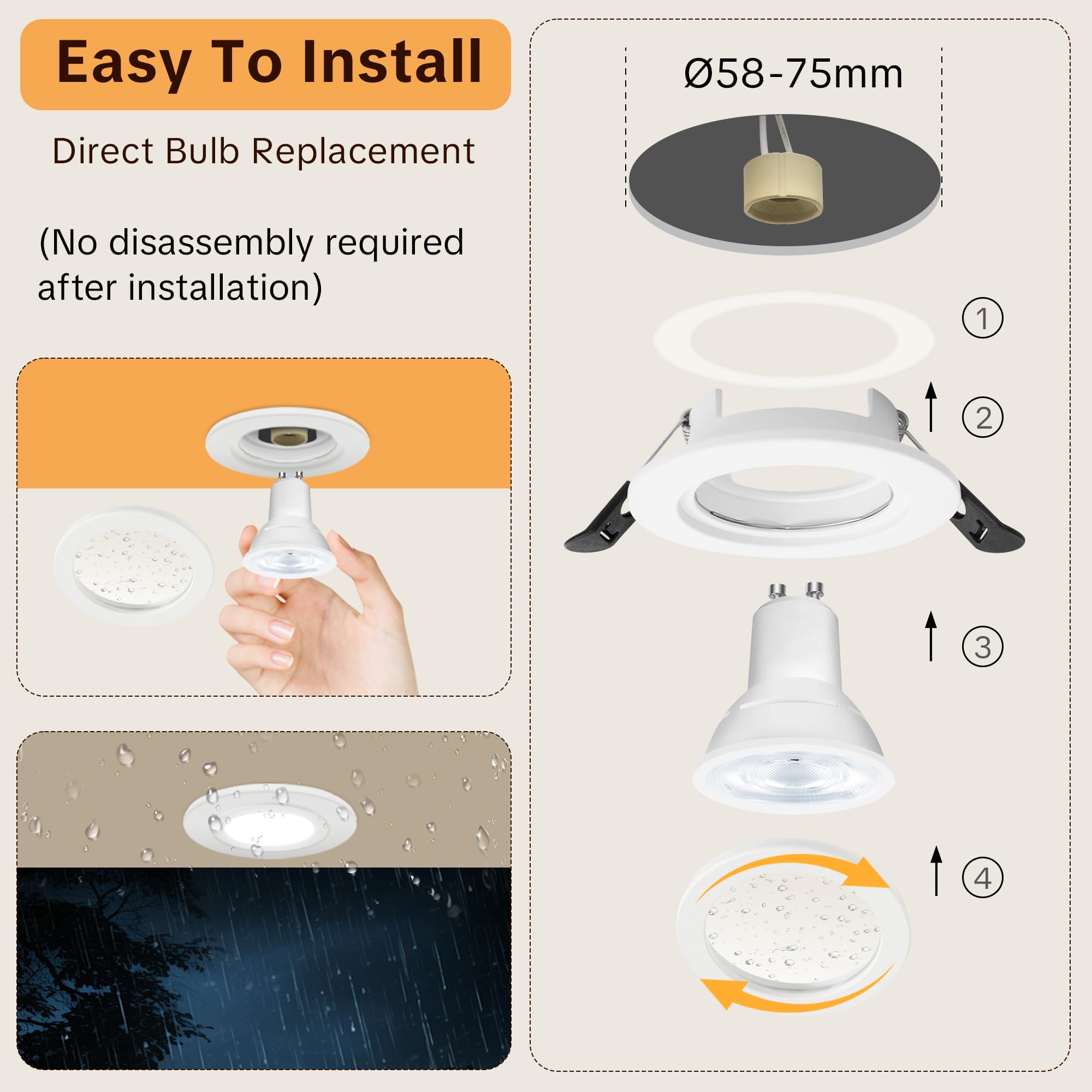 6 x Marco Foco Empotrable GU10 IP65, Apertura 58-75mm Marco Ojos de Buey LED para Techo Incl. Portalámparas GU10, Redondo Aluminio Downlight LED Techo Empotrable, Blanco