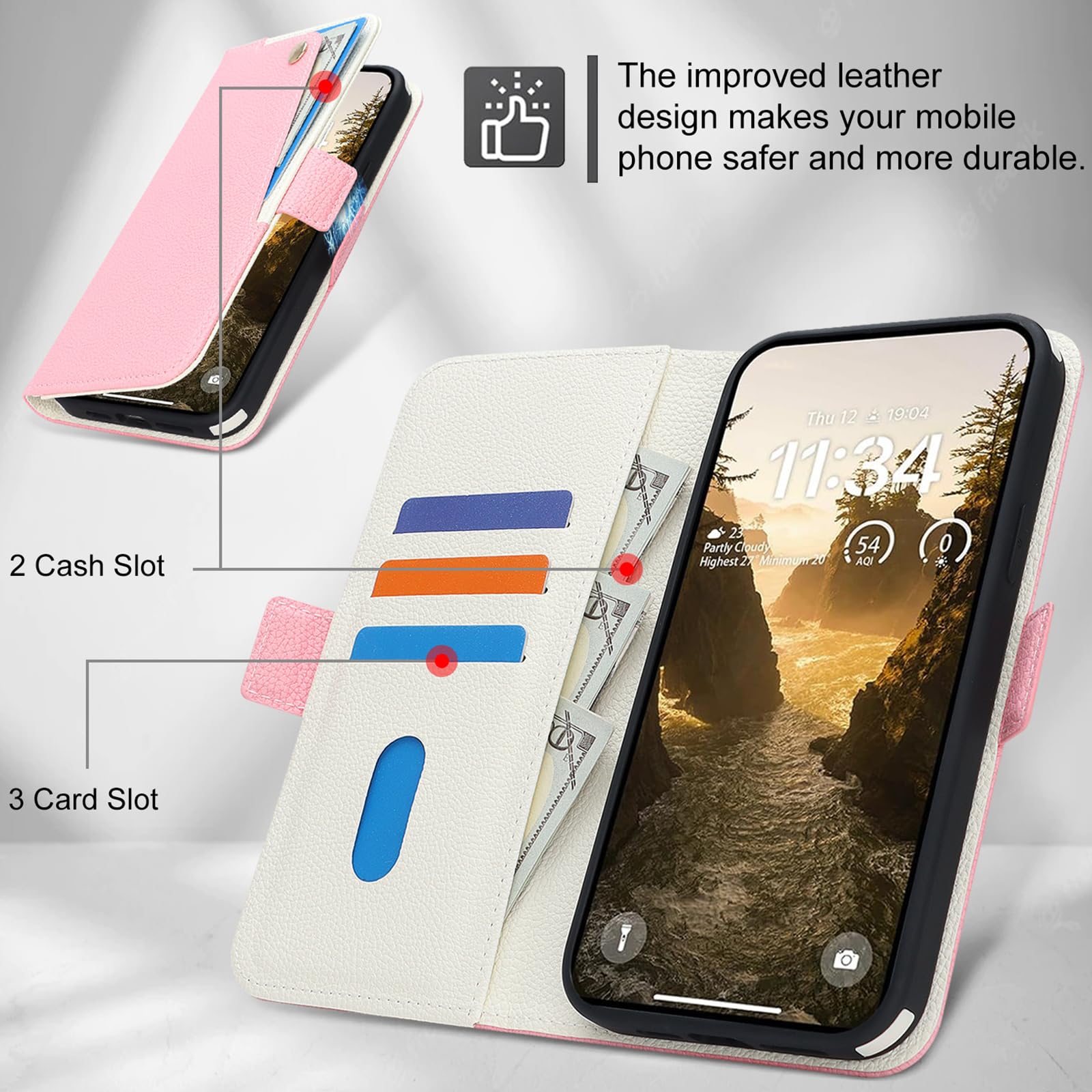 Różowy,17, Skórzane etui do iPhone 17 Pro Max/17 Pro/17 Air/17, Portfel Pokrowiec z klapką Stojak Magnetyczna Adsorpcja Pasek Na Nadgarstek Etui