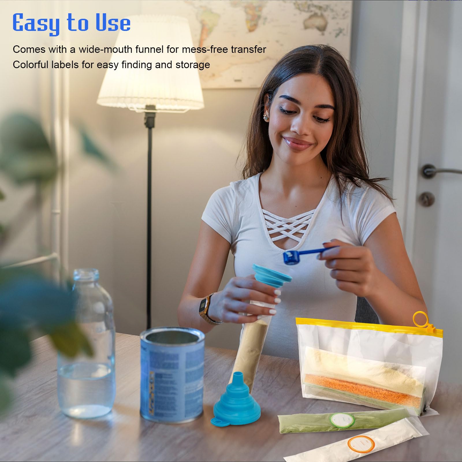 WALLFID Protein Powder Travel Storage Set including Funnels, 50pcs Disposable Single Dose Kit, 3pcs Zip Up Bags - Image 4