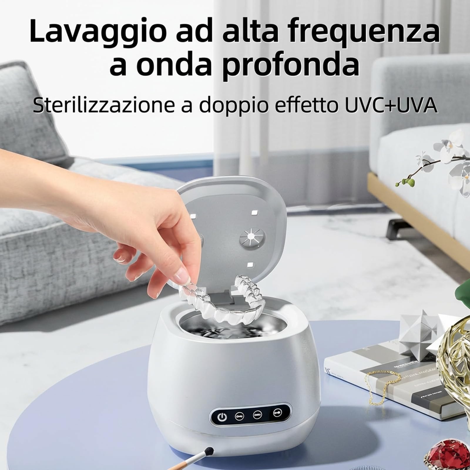 Cleon - Pulitore ad Ultrasuoni per Mascherine Dentali, 45000Hz con 3 modalità, Vasca in Acciaio Inossidabile, Pulizia Rapida in 5 Minuti