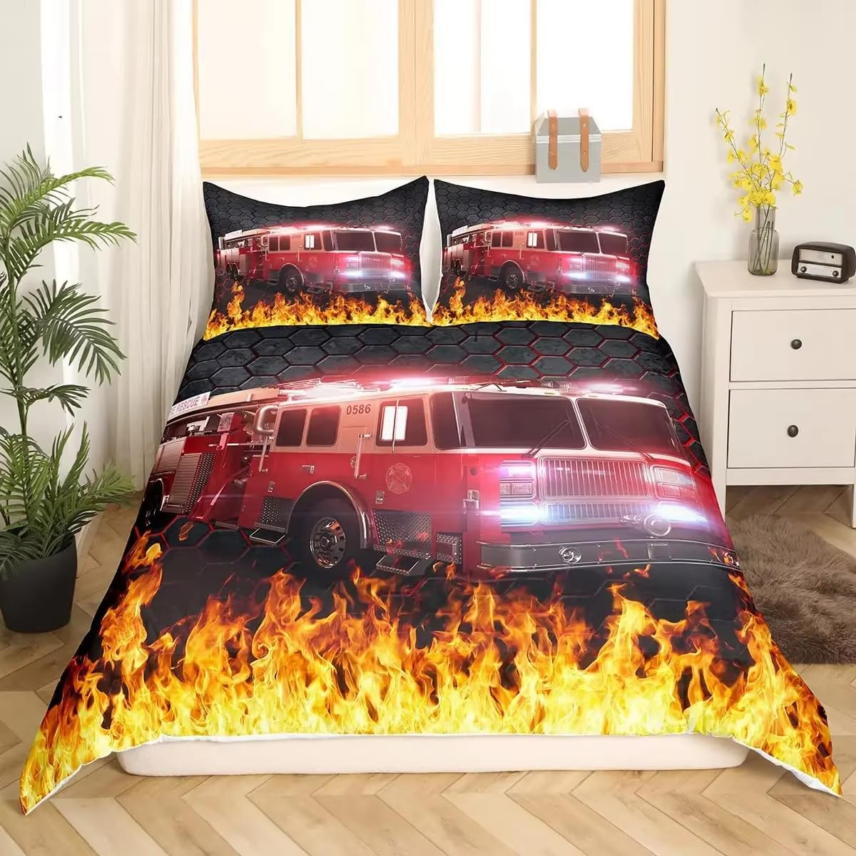 Linge de lit adulte camion pompier rouge pour une chambre dynamique
