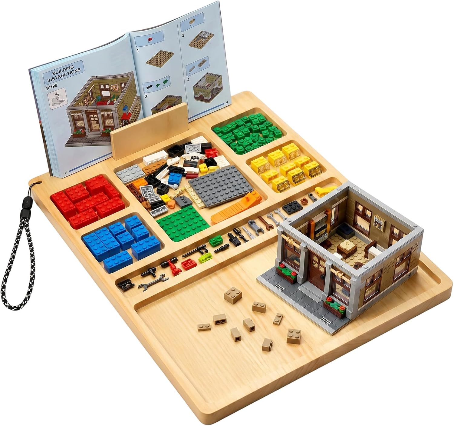 Building Baseplate Table for Lego with Portable Lego Sorting Tray | Wooden Lego building tray featuring 7-compartment brick organizer, instruction holder, lanyard, and portable lego lap table.